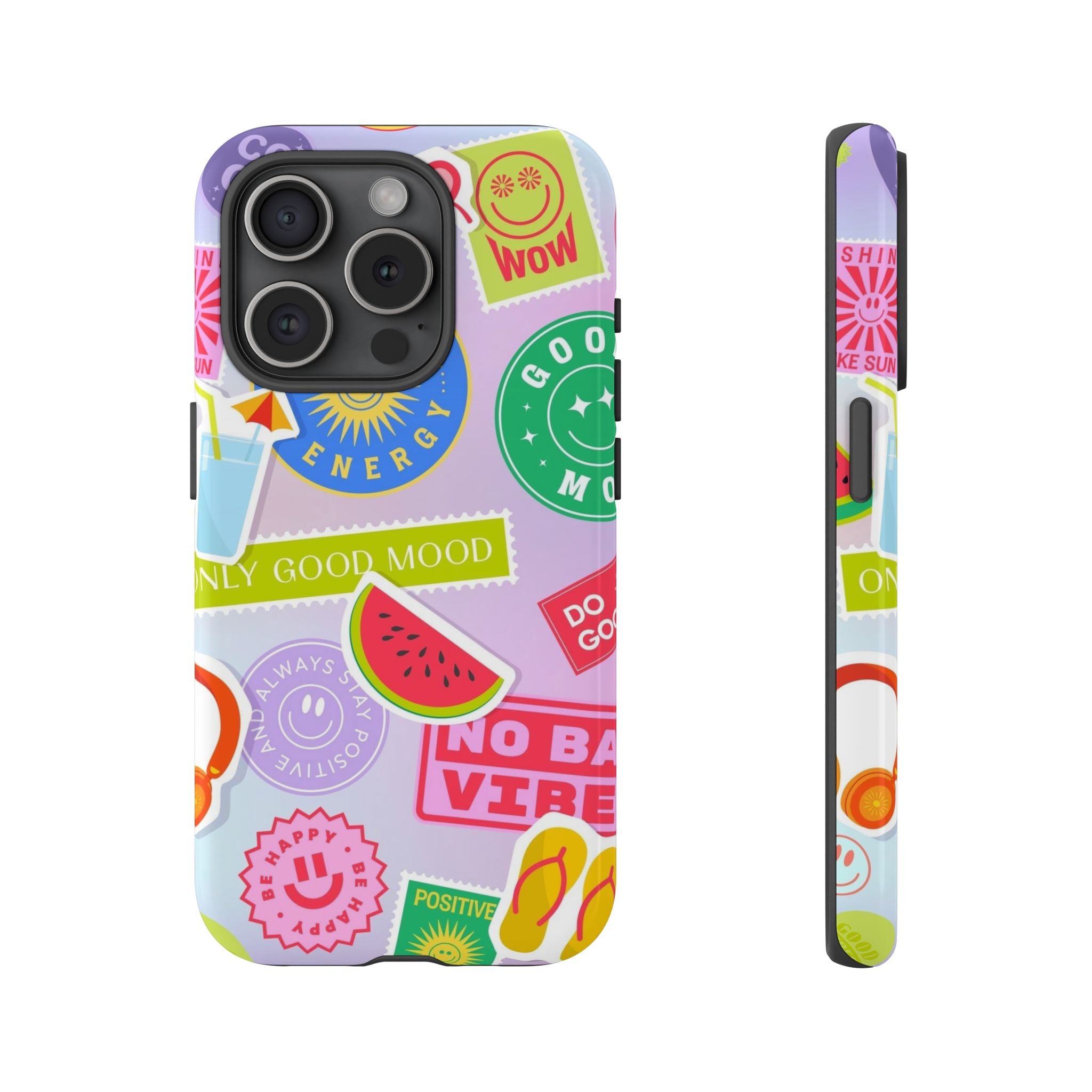 Good Vibes Only — Colorful Sticker Collage "No Bad Vibes" iPhone Case