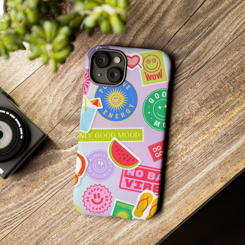 Good Vibes Only — Colorful Sticker Collage "No Bad Vibes" iPhone Case