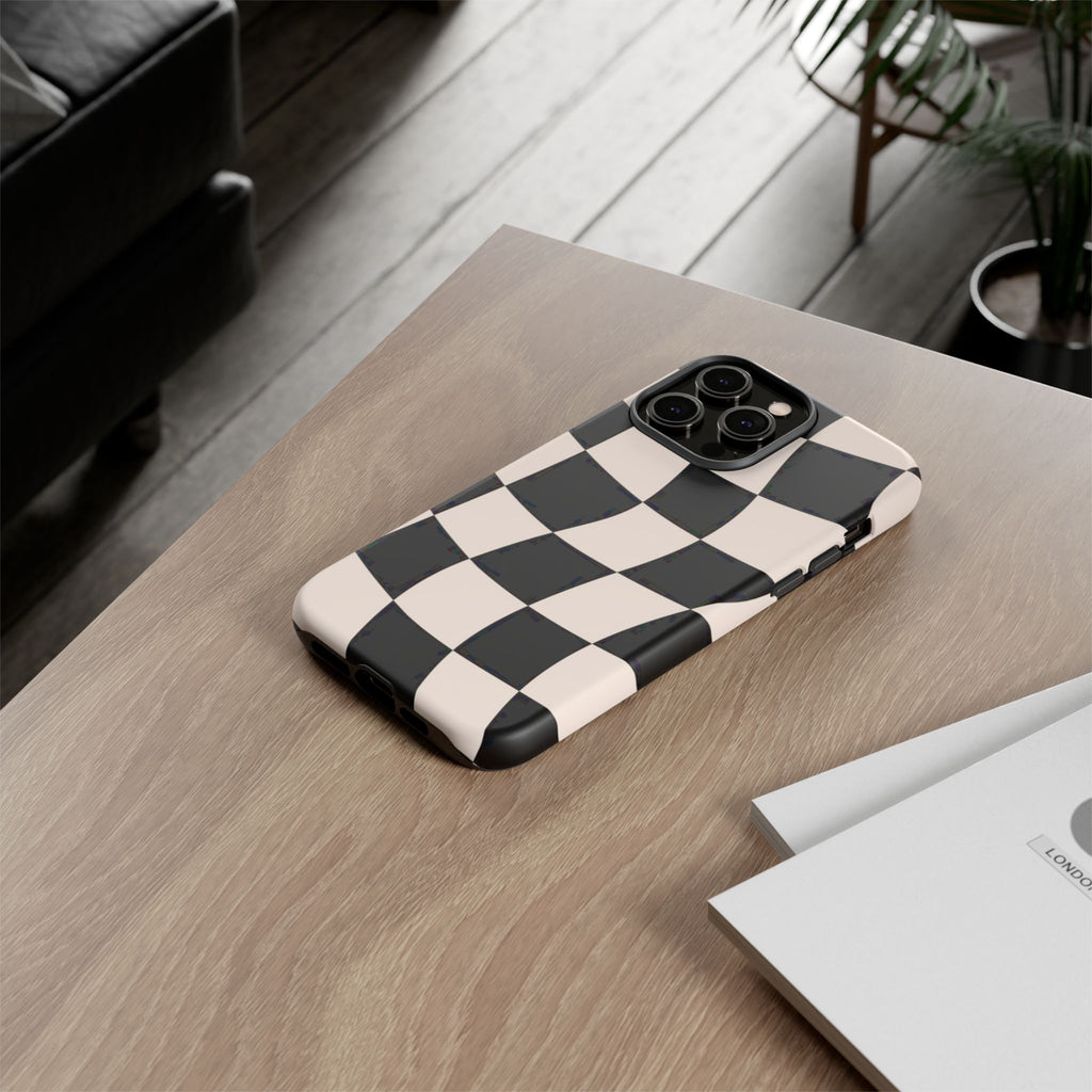 Black & White Wavy Checkered Phone Case — Black & Cream Retro Racing Pattern Tough Case