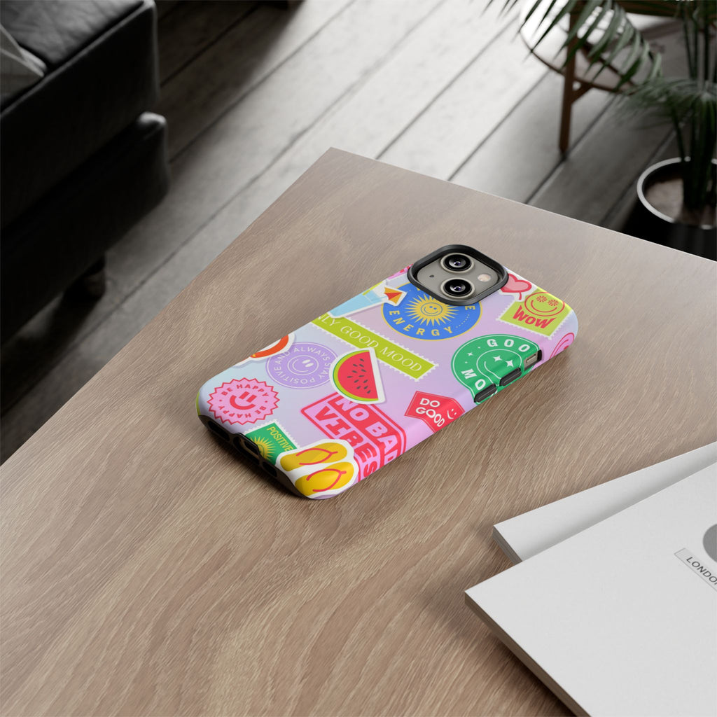 Good Vibes Only — Colorful Sticker Collage "No Bad Vibes" iPhone Case
