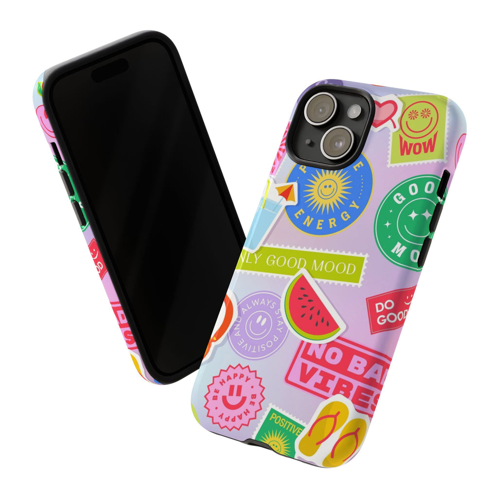 Good Vibes Only — Colorful Sticker Collage "No Bad Vibes" iPhone Case