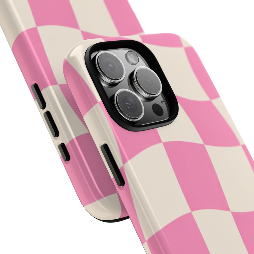 Pink Wavy Checkered Tough Phone Case — Retro Distorted Checkerboard Design