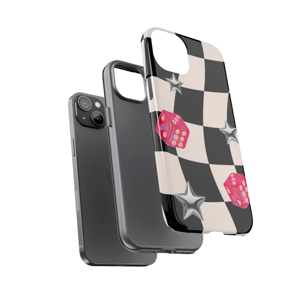 Black & White Checkerboard Dice — Retro Pink Dice & Silver Star iPhone Cover