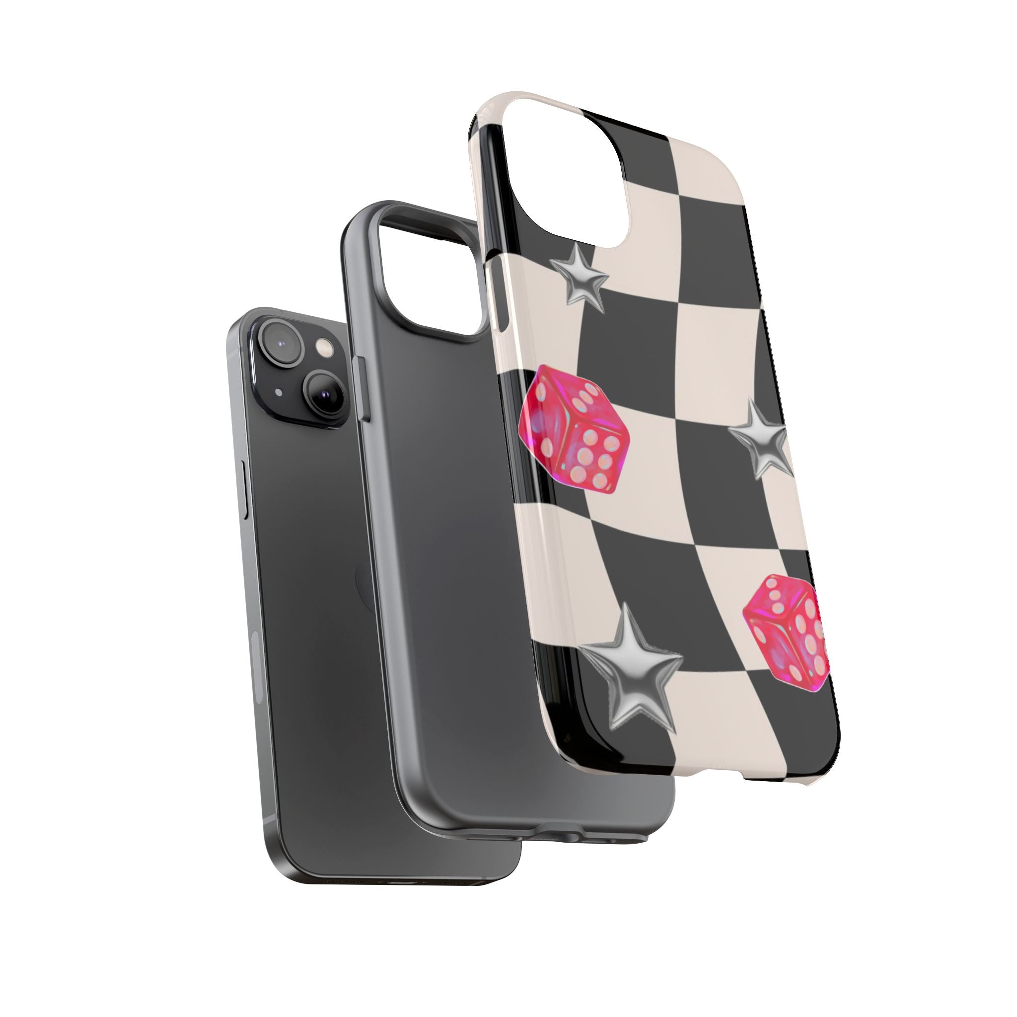 Black & White Checkerboard Dice — Retro Pink Dice & Silver Star iPhone Cover