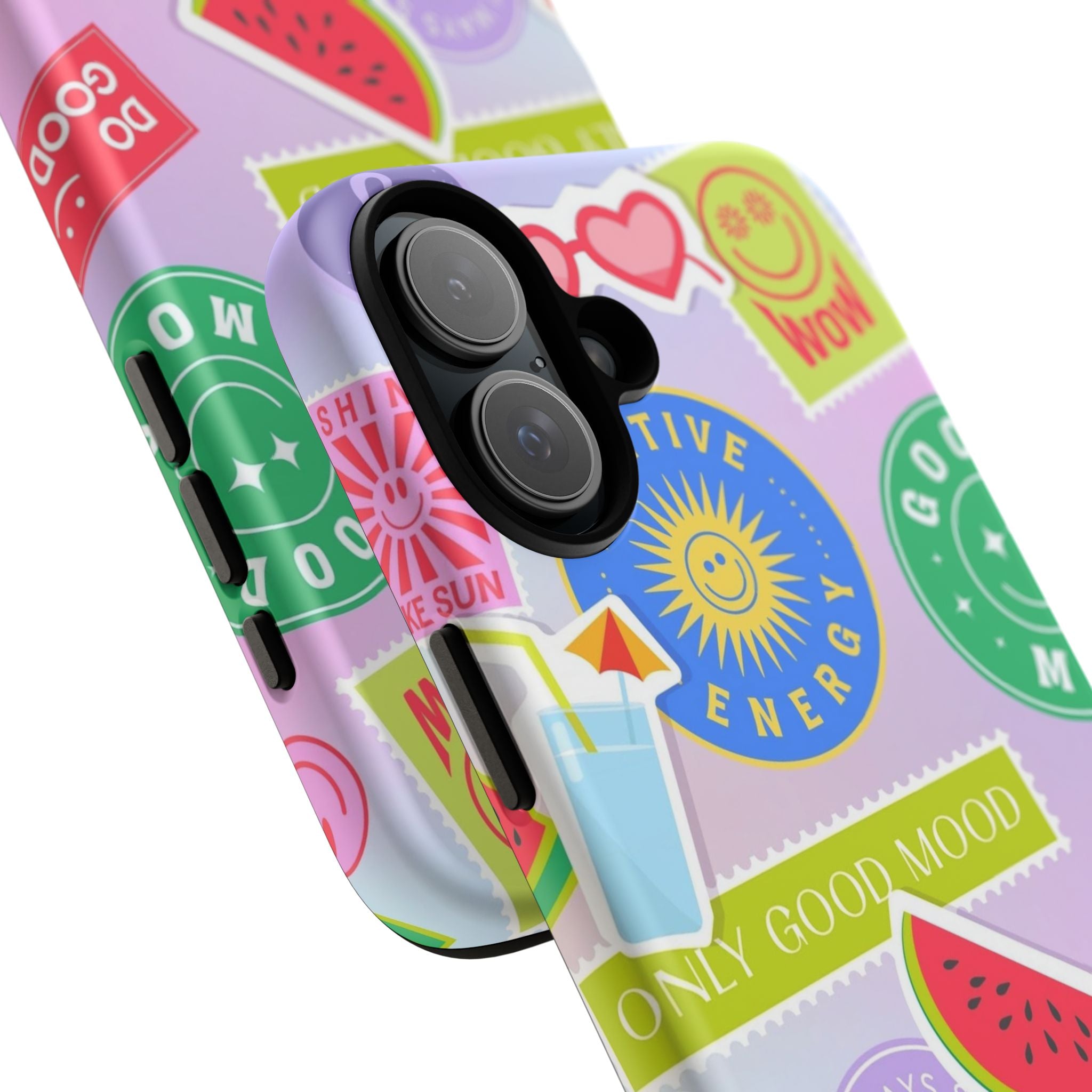 Good Vibes Only — Colorful Sticker Collage "No Bad Vibes" iPhone Case