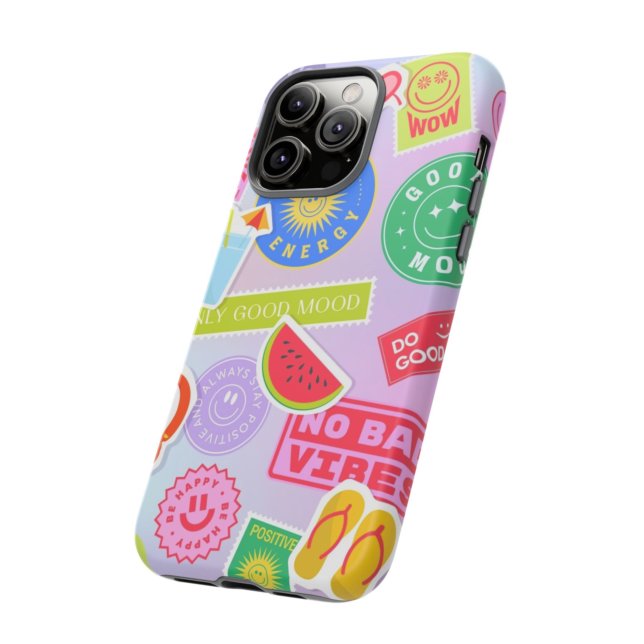 Good Vibes Only — Colorful Sticker Collage "No Bad Vibes" iPhone Case