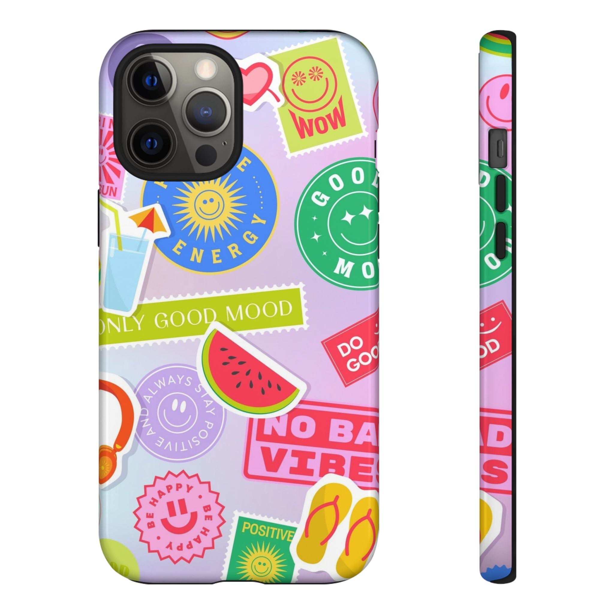 Good Vibes Only — Colorful Sticker Collage "No Bad Vibes" iPhone Case
