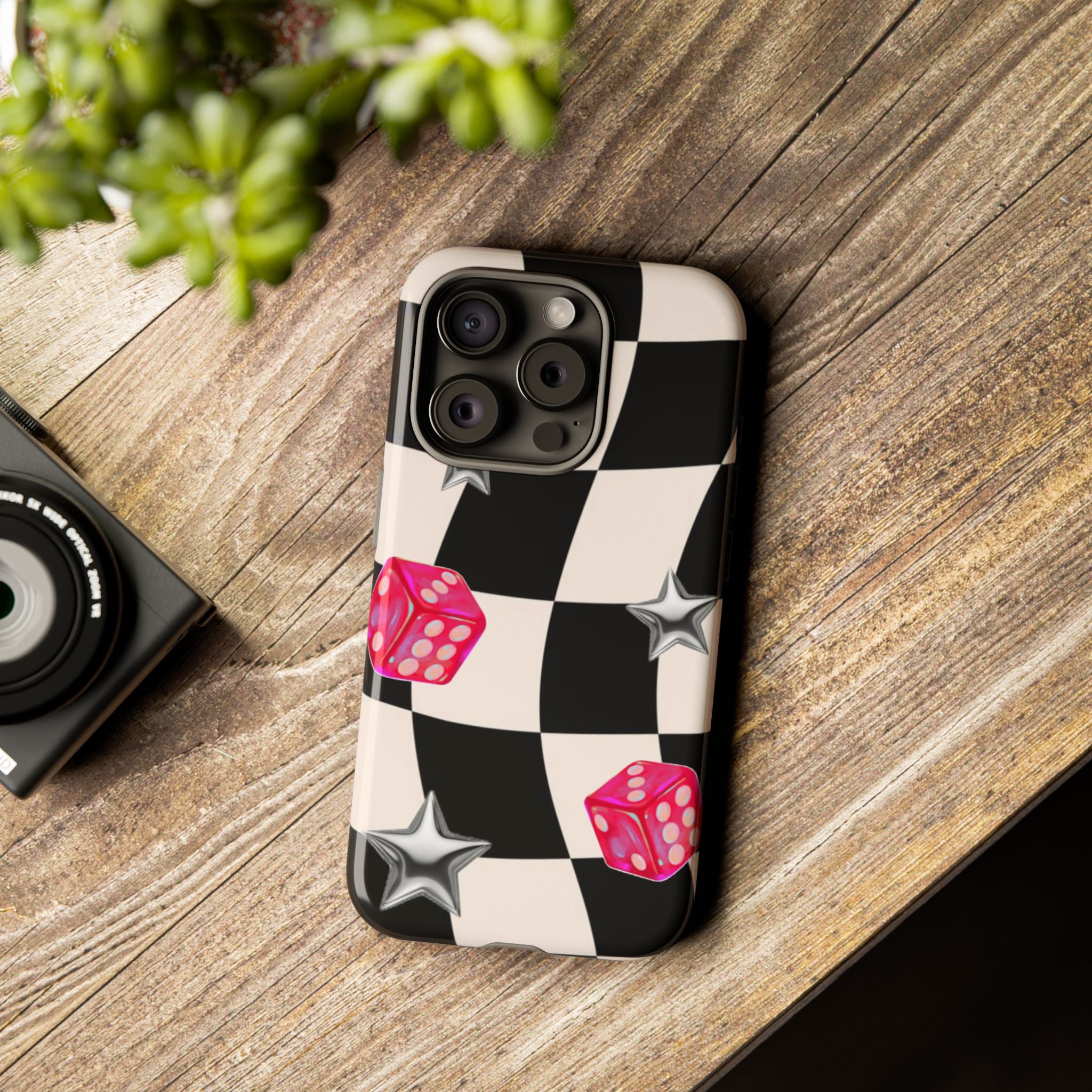 Black & White Checkerboard Dice — Retro Pink Dice & Silver Star iPhone Cover