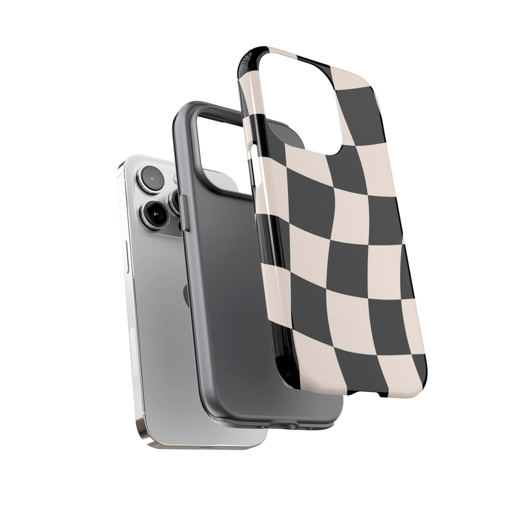 Black & White Wavy Checkered Phone Case — Black & Cream Retro Racing Pattern Tough Case