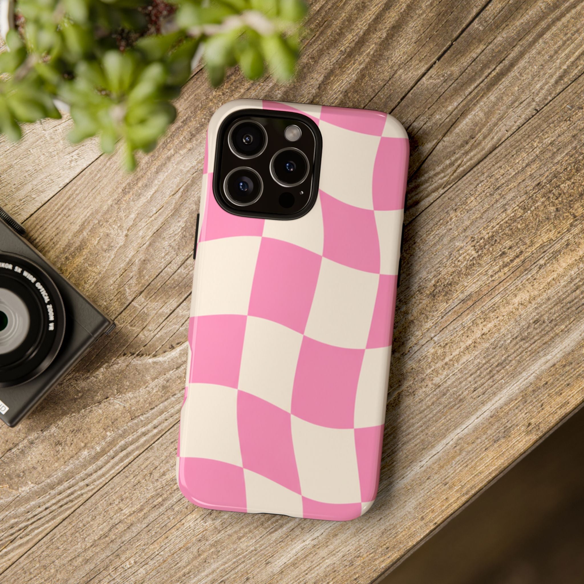 Pink Wavy Checkered Tough Phone Case — Retro Distorted Checkerboard Design