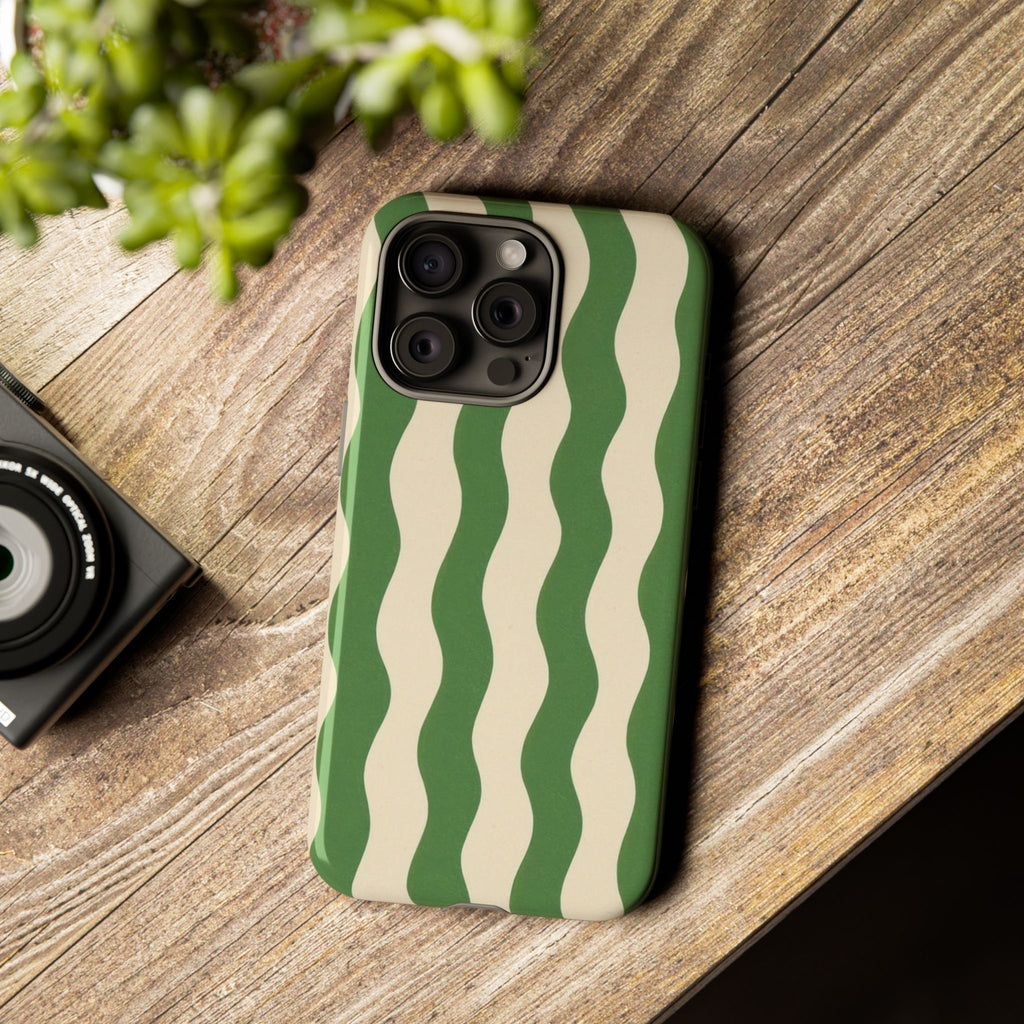 Wavy Green Stripe Phone Case — Retro Minimalist Tough Case