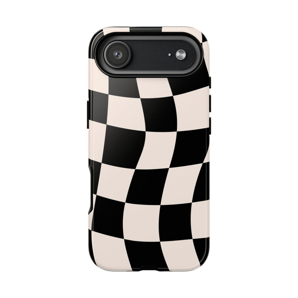 Black & White Wavy Checkered Phone Case — Black & Cream Retro Racing Pattern Tough Case
