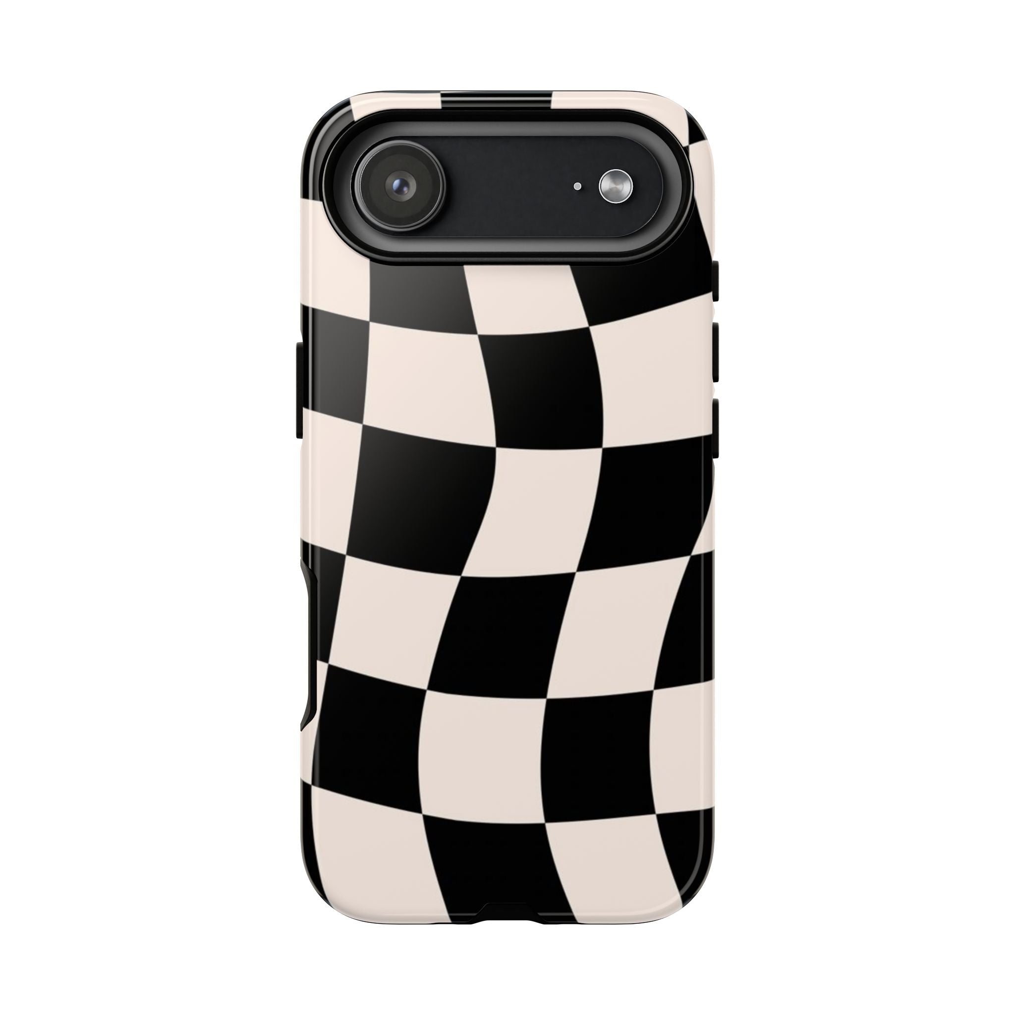 Black & White Wavy Checkered Phone Case — Black & Cream Retro Racing Pattern Tough Case