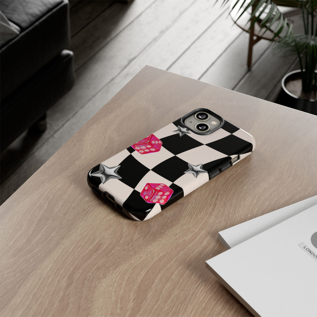 Black & White Checkerboard Dice — Retro Pink Dice & Silver Star iPhone Cover