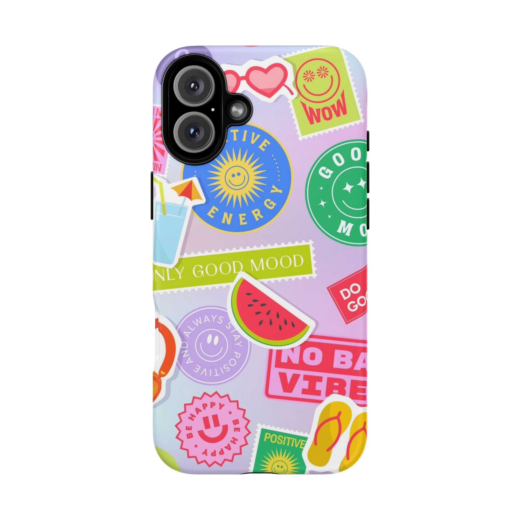 Good Vibes Only — Colorful Sticker Collage "No Bad Vibes" iPhone Case
