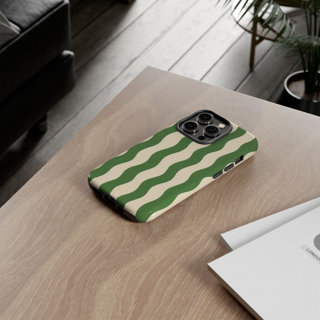 Wavy Green Stripe Phone Case — Retro Minimalist Tough Case