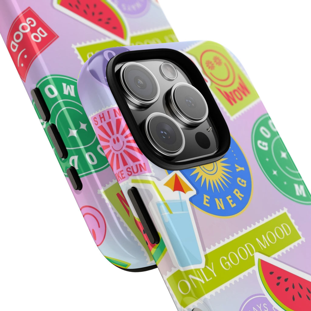Good Vibes Only — Colorful Sticker Collage "No Bad Vibes" iPhone Case
