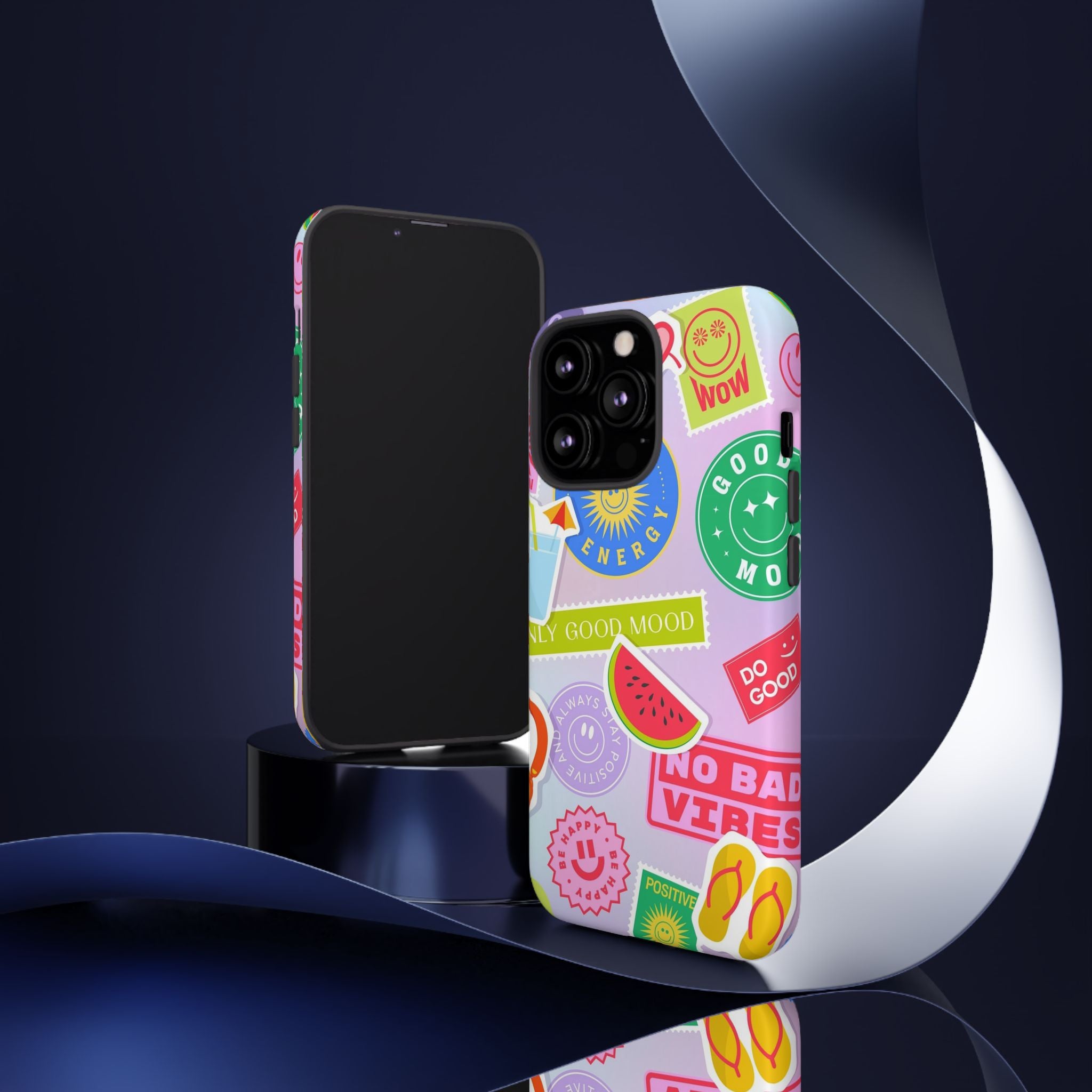Good Vibes Only — Colorful Sticker Collage "No Bad Vibes" iPhone Case