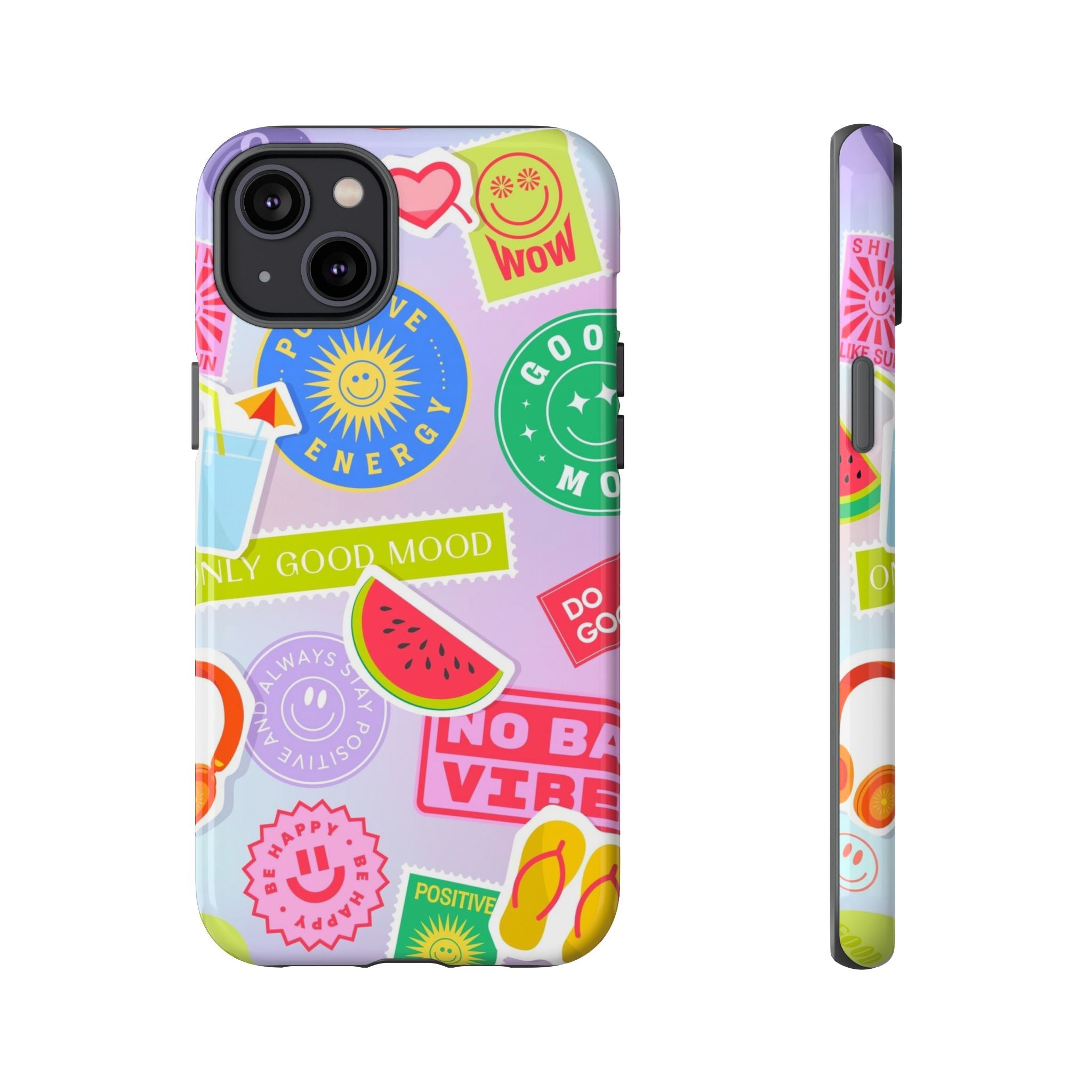 Good Vibes Only — Colorful Sticker Collage "No Bad Vibes" iPhone Case