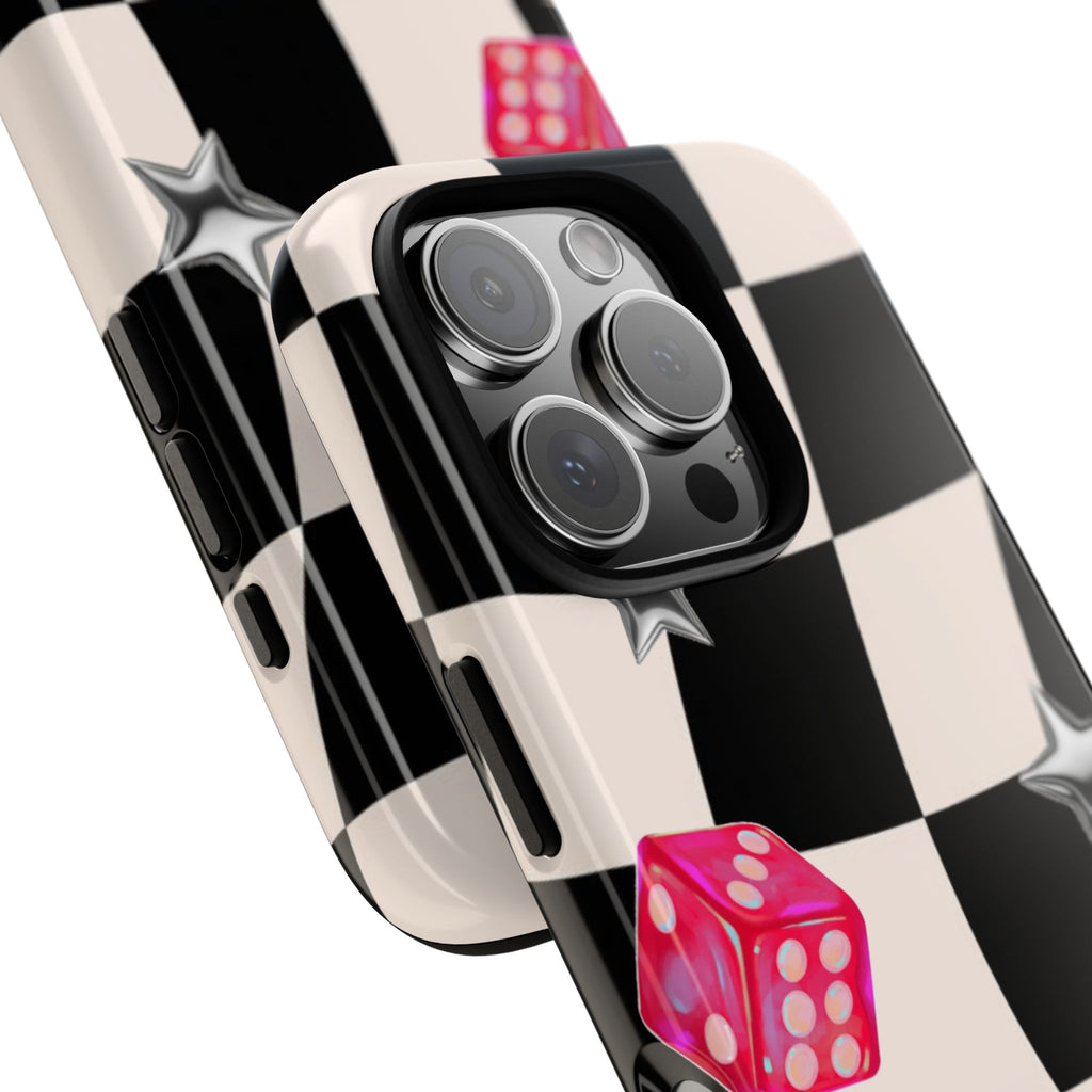 Black & White Checkerboard Dice — Retro Pink Dice & Silver Star iPhone Cover