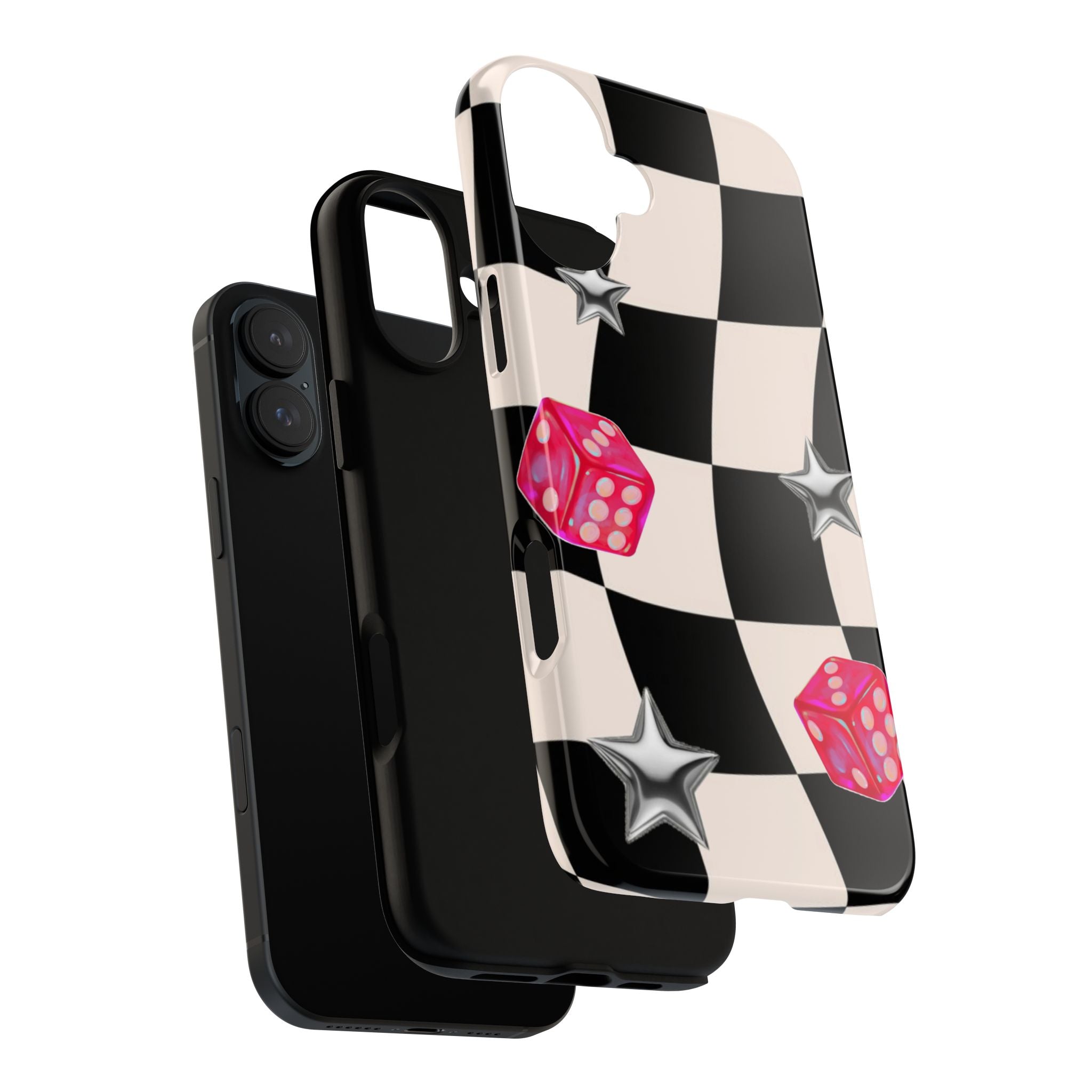 Black & White Checkerboard Dice — Retro Pink Dice & Silver Star iPhone Cover