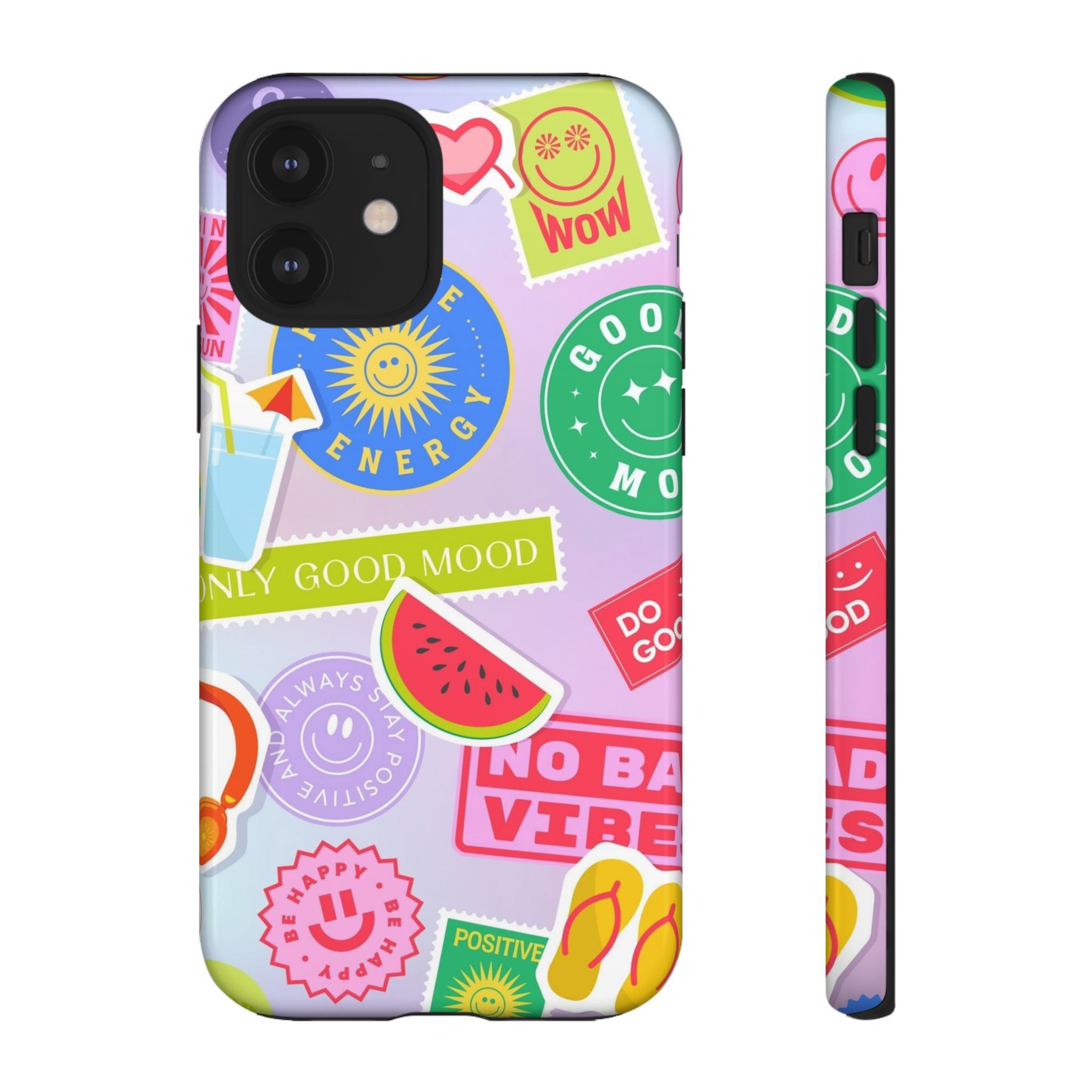 Good Vibes Only — Colorful Sticker Collage "No Bad Vibes" iPhone Case