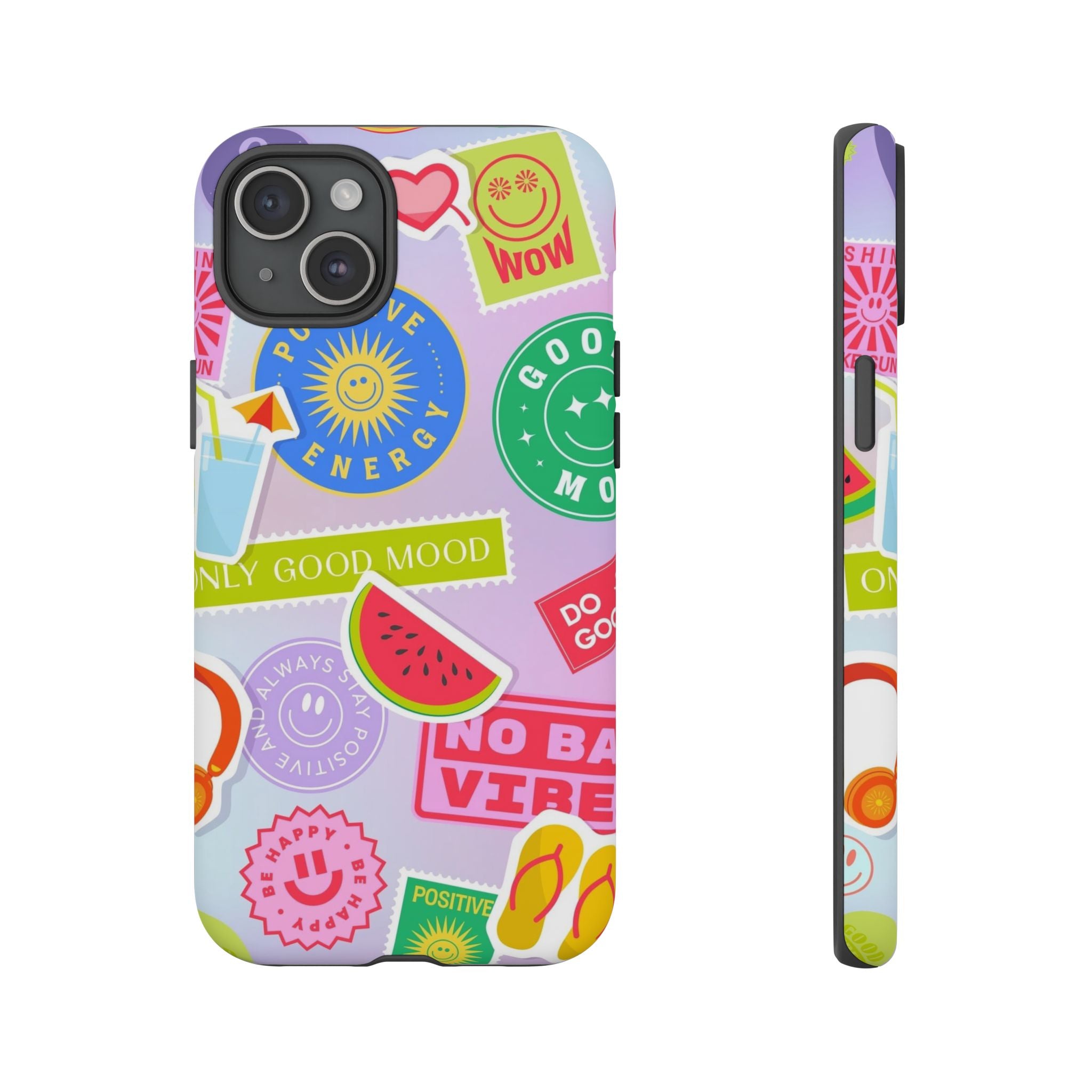Good Vibes Only — Colorful Sticker Collage "No Bad Vibes" iPhone Case