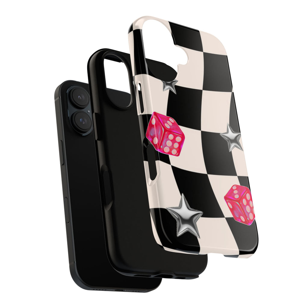 Black & White Checkerboard Dice — Retro Pink Dice & Silver Star iPhone Cover