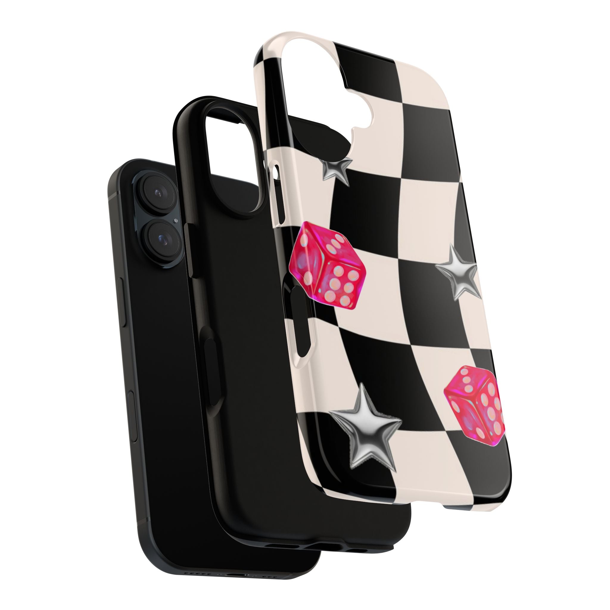 Black & White Checkerboard Dice — Retro Pink Dice & Silver Star iPhone Cover