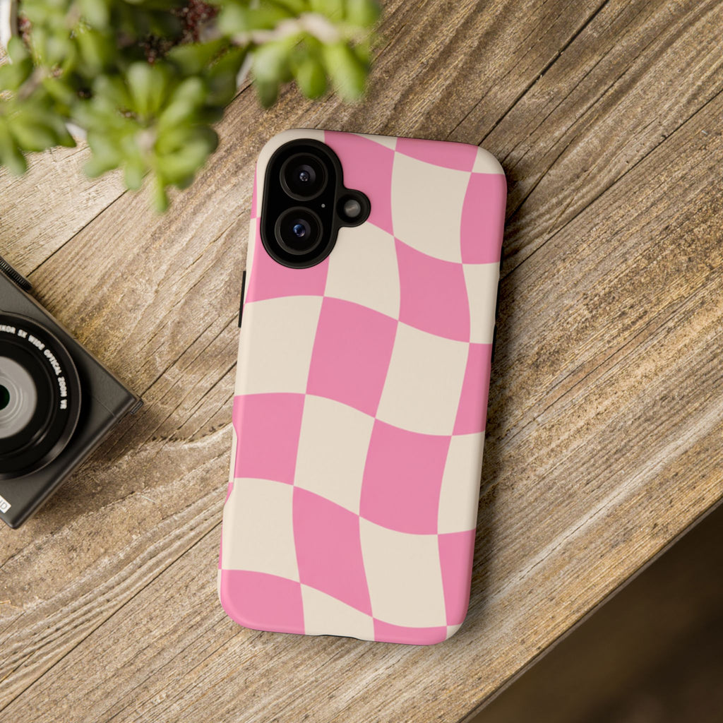 Pink Wavy Checkered Tough Phone Case — Retro Distorted Checkerboard Design