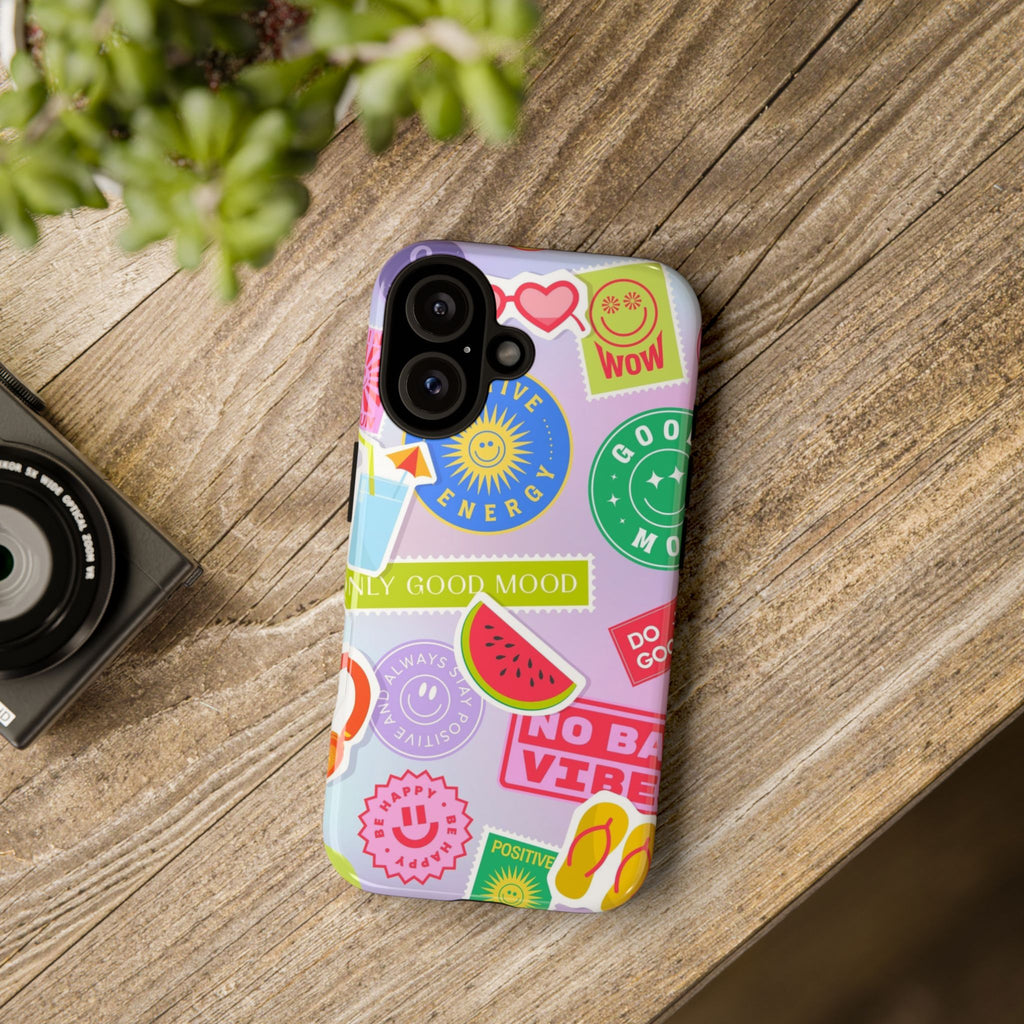 Good Vibes Only — Colorful Sticker Collage "No Bad Vibes" iPhone Case
