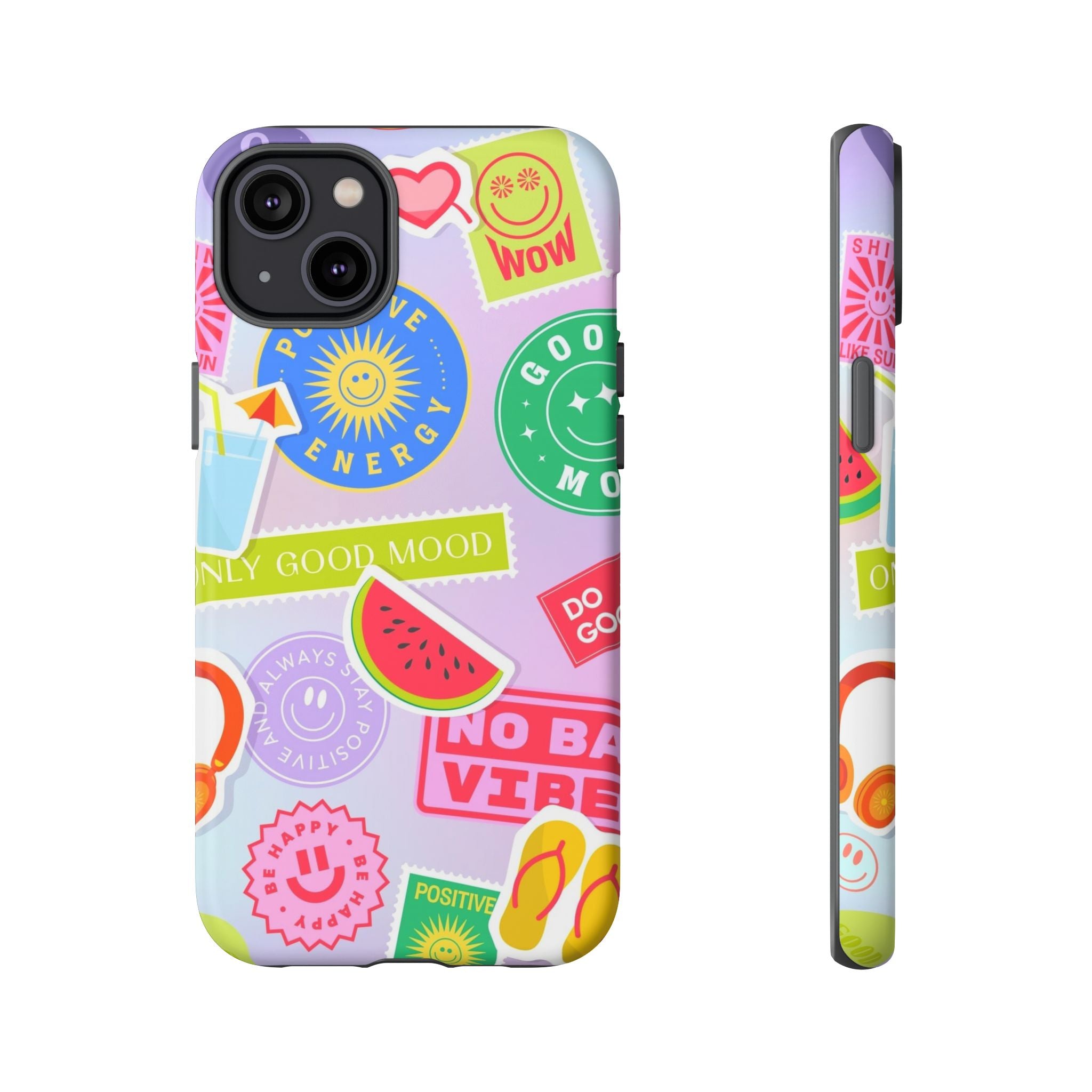Good Vibes Only — Colorful Sticker Collage "No Bad Vibes" iPhone Case