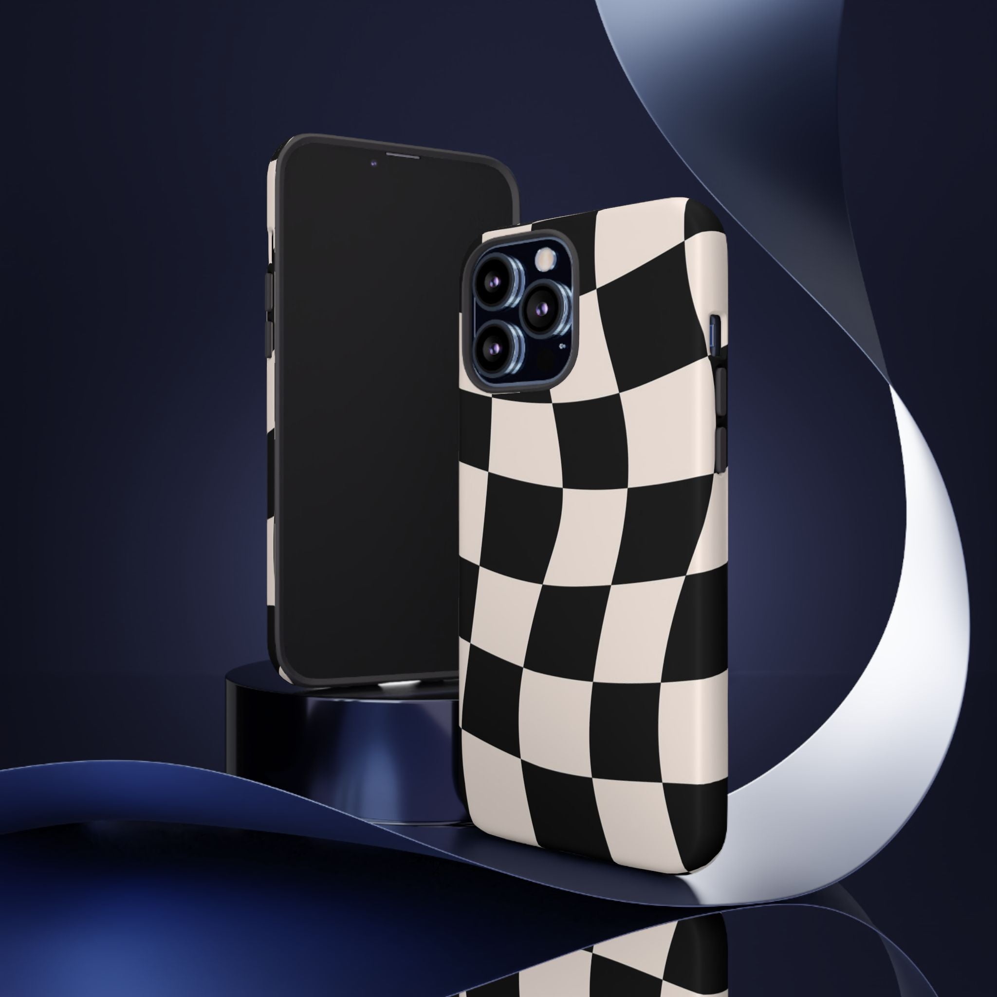 Black & White Wavy Checkered Phone Case — Black & Cream Retro Racing Pattern Tough Case