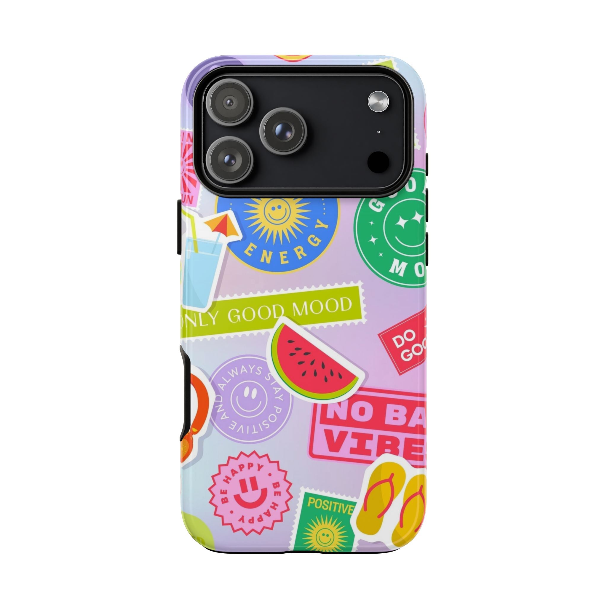 Good Vibes Only — Colorful Sticker Collage "No Bad Vibes" iPhone Case