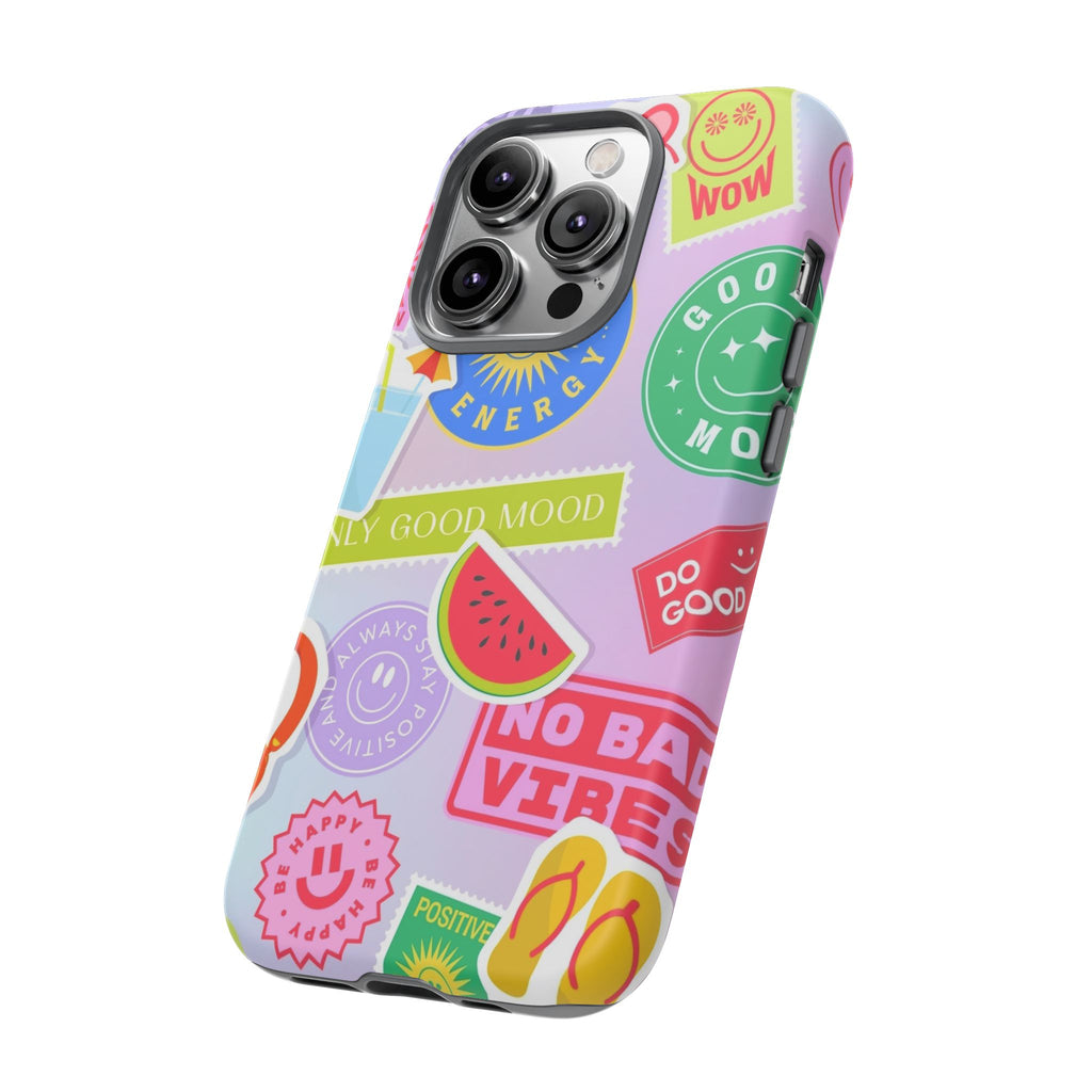 Good Vibes Only — Colorful Sticker Collage "No Bad Vibes" iPhone Case