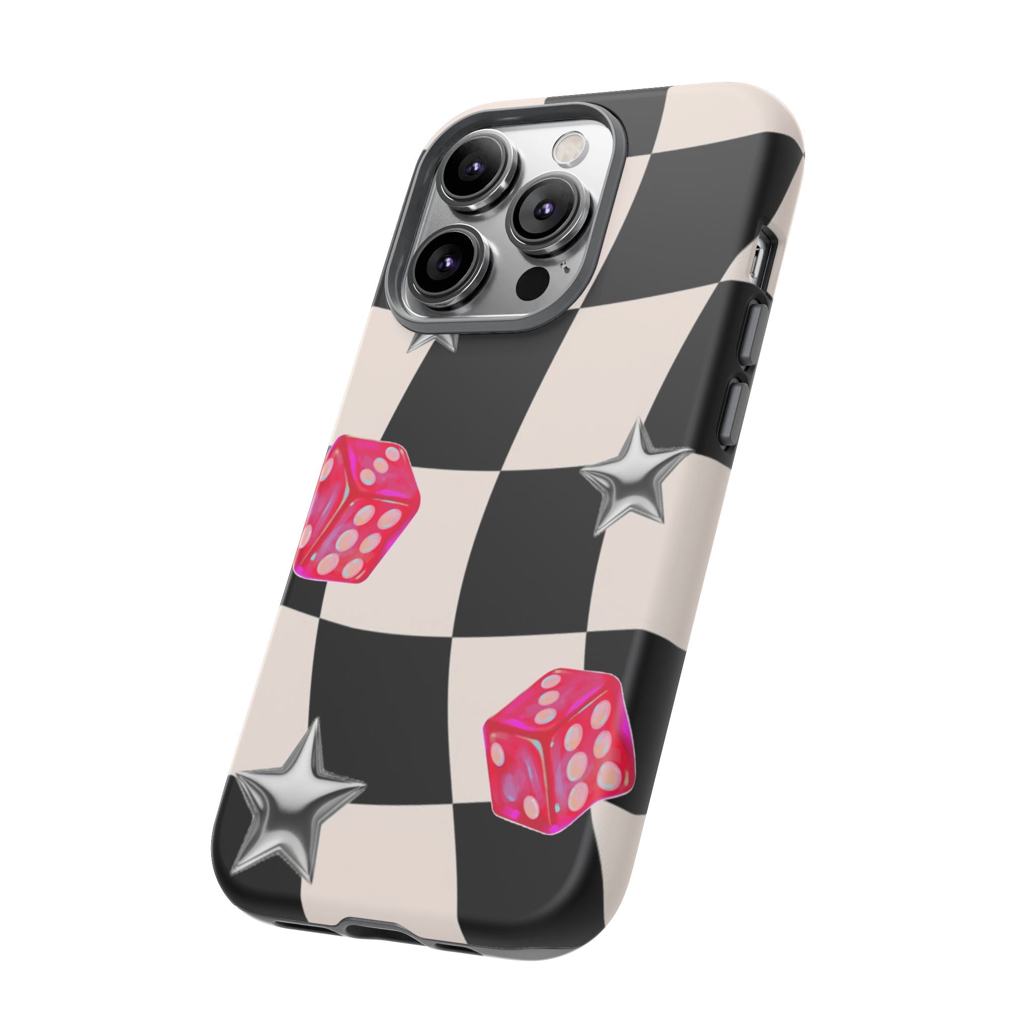 Black & White Checkerboard Dice — Retro Pink Dice & Silver Star iPhone Cover
