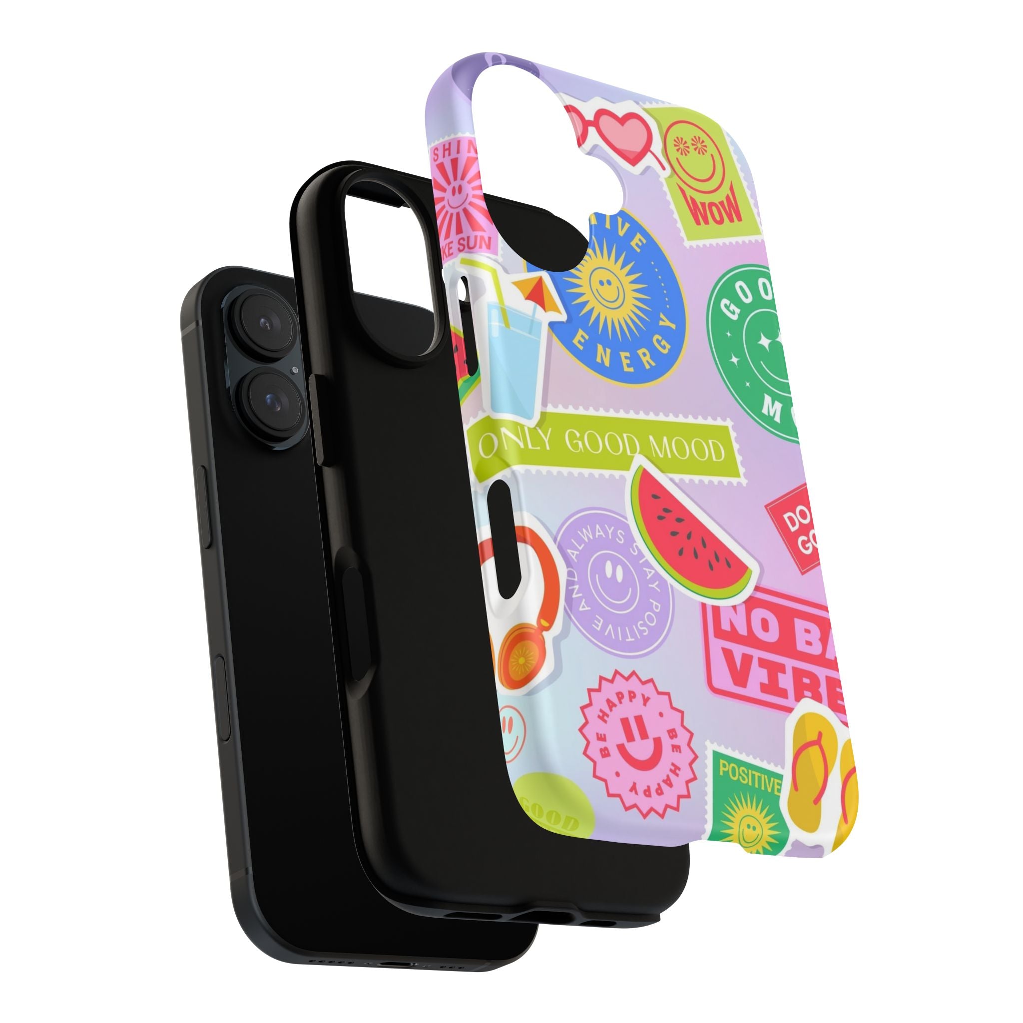 Good Vibes Only — Colorful Sticker Collage "No Bad Vibes" iPhone Case