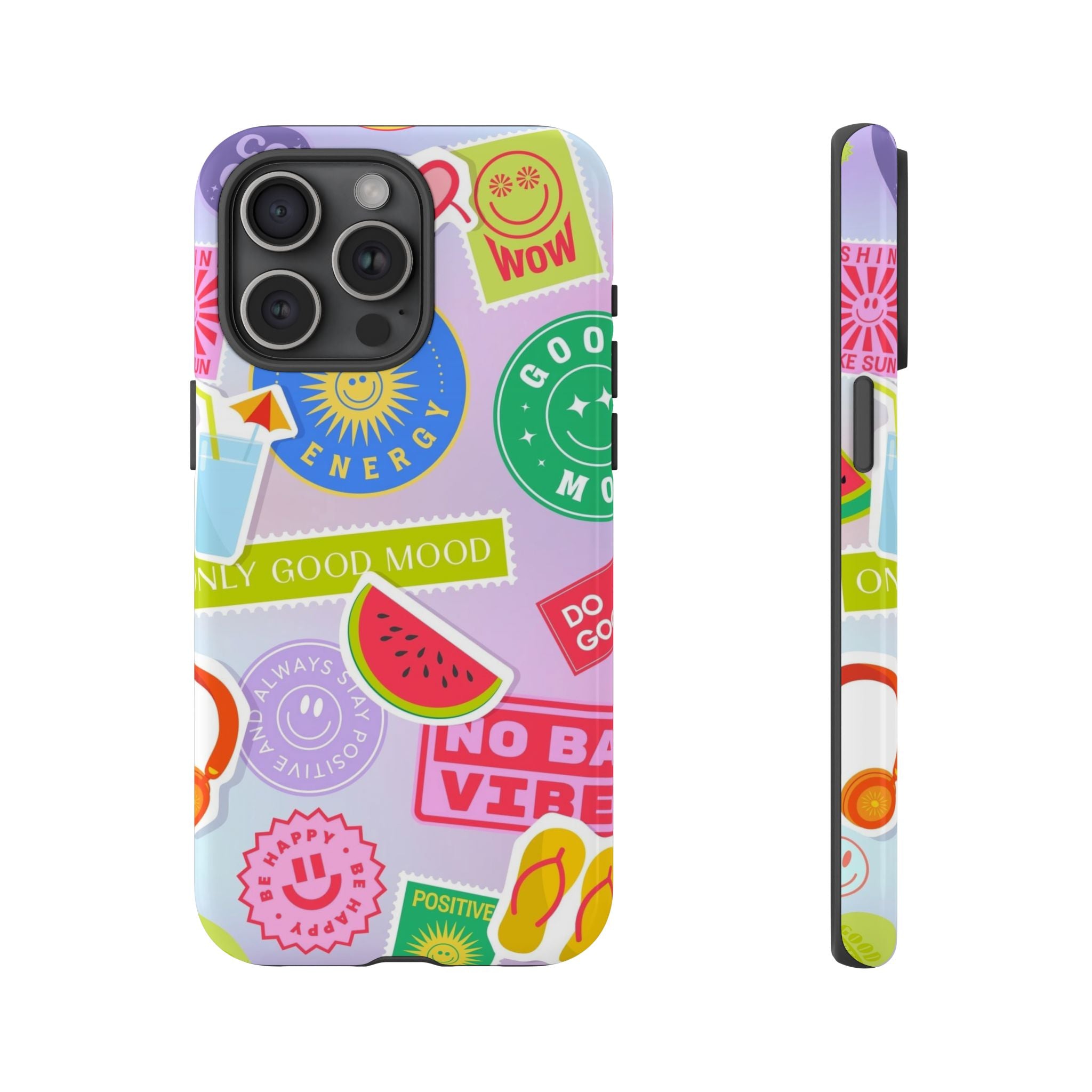 Good Vibes Only — Colorful Sticker Collage "No Bad Vibes" iPhone Case
