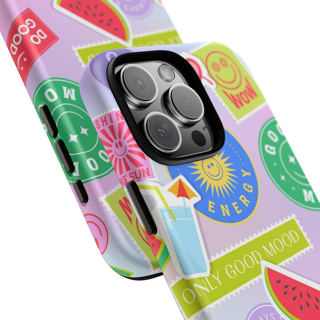 Good Vibes Only — Colorful Sticker Collage "No Bad Vibes" iPhone Case