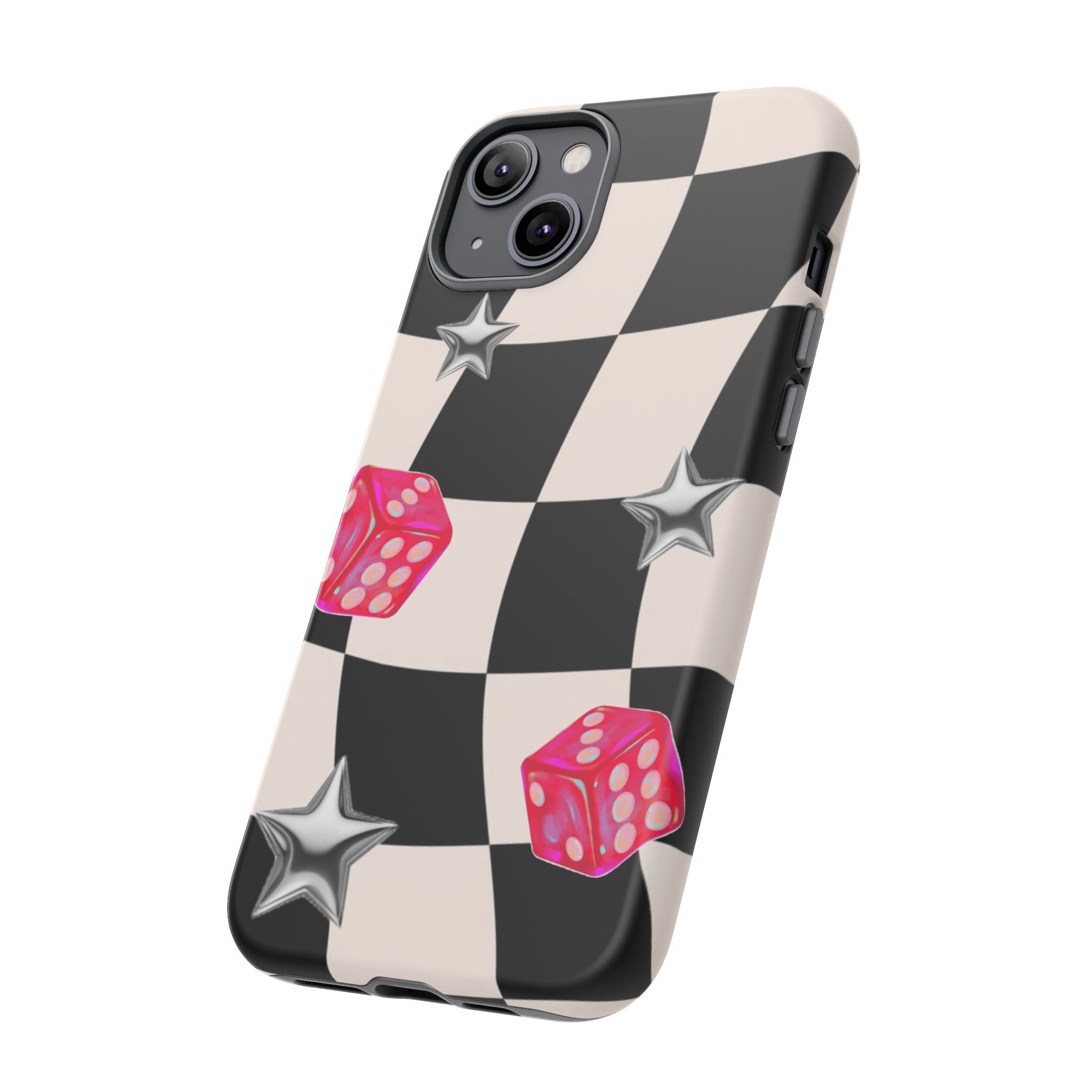 Black & White Checkerboard Dice — Retro Pink Dice & Silver Star iPhone Cover