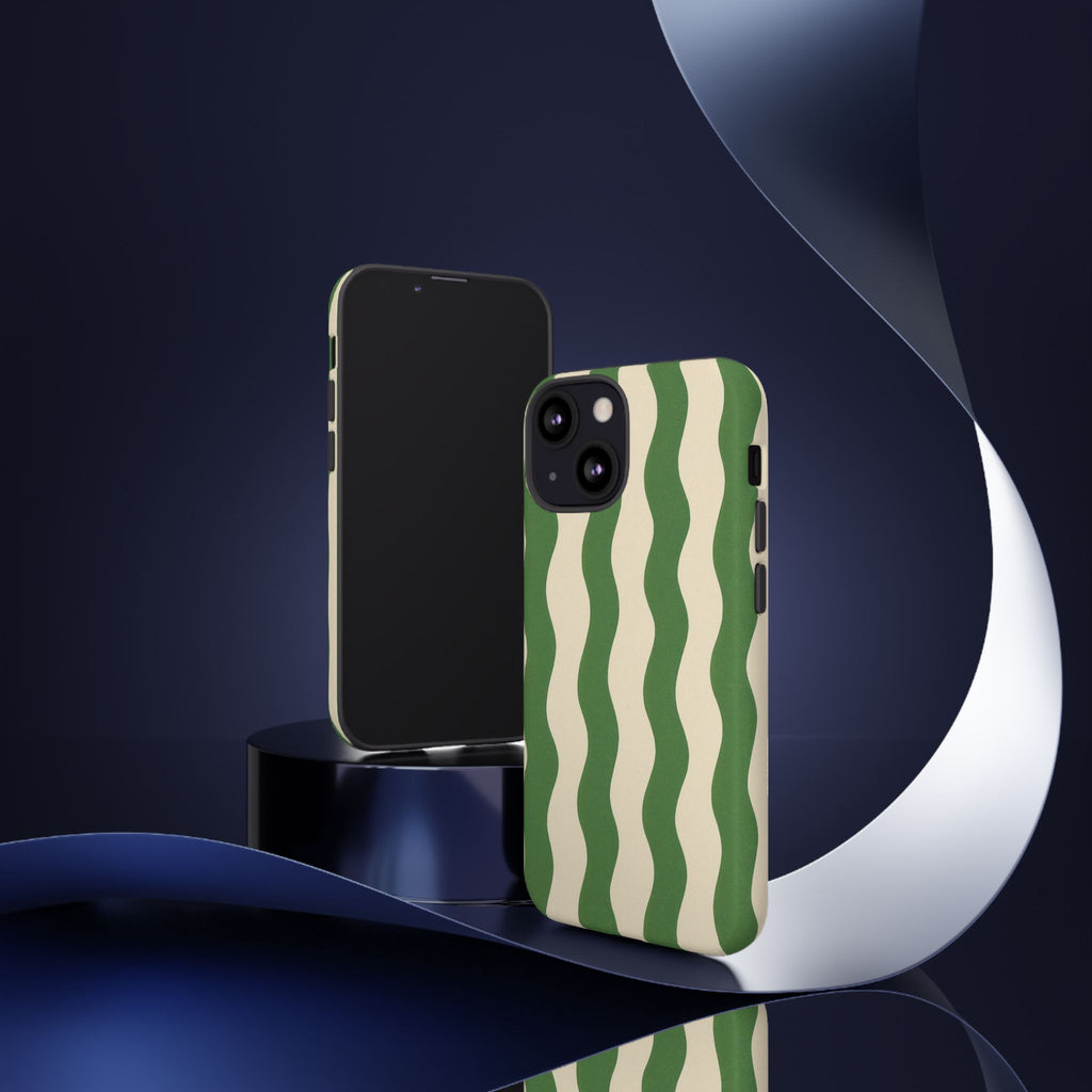 Wavy Green Stripe Phone Case — Retro Minimalist Tough Case