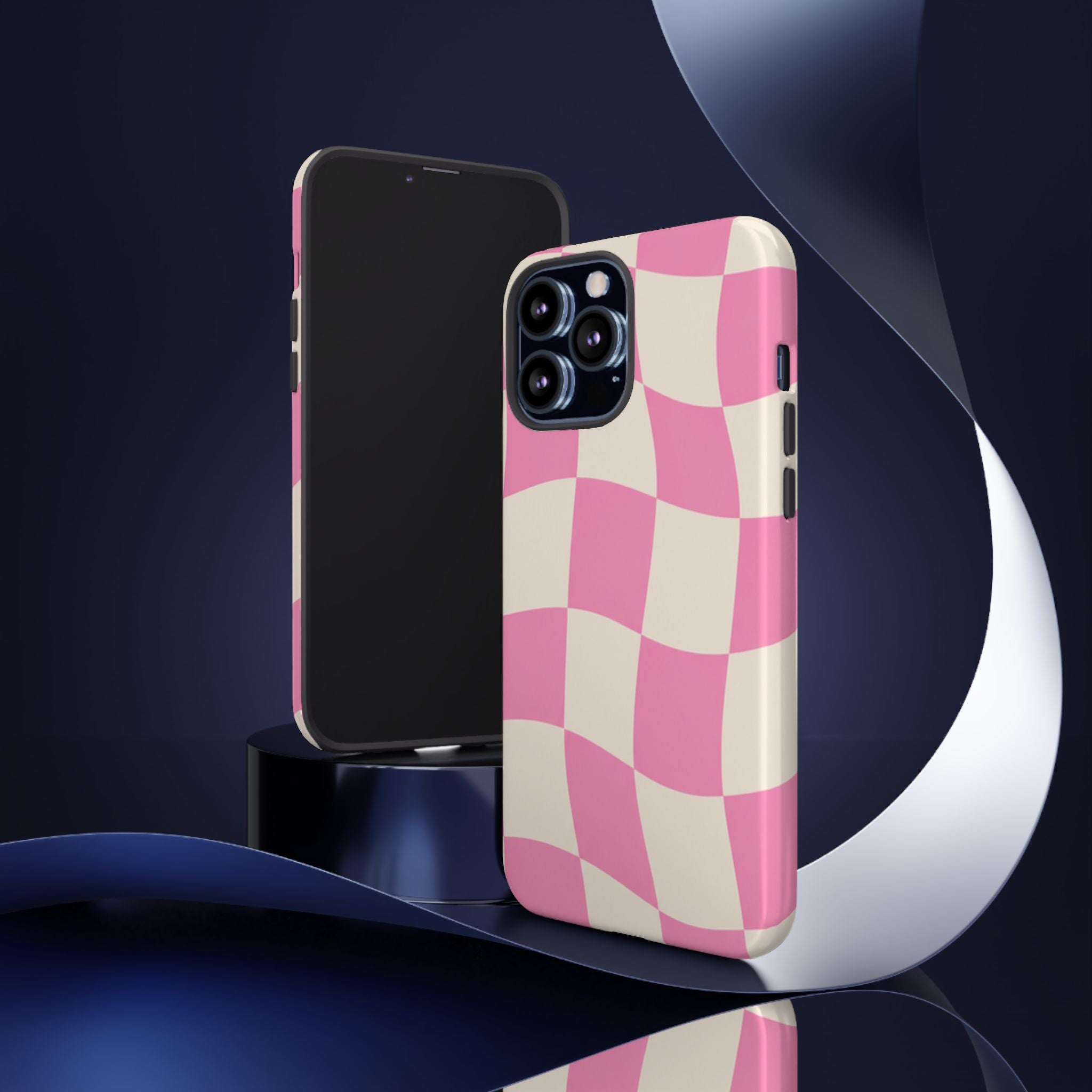 Pink Wavy Checkered Tough Phone Case — Retro Distorted Checkerboard Design