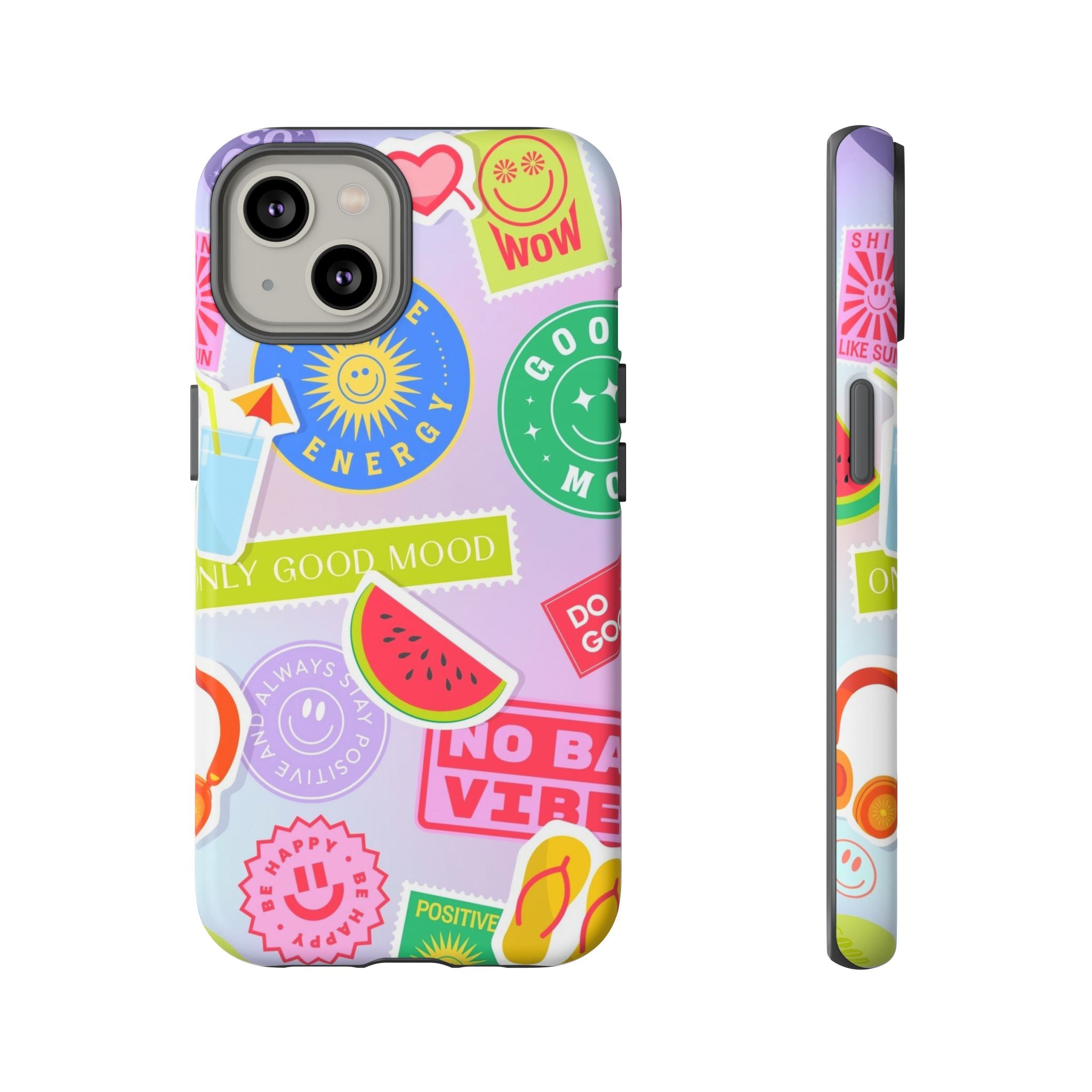 Good Vibes Only — Colorful Sticker Collage "No Bad Vibes" iPhone Case