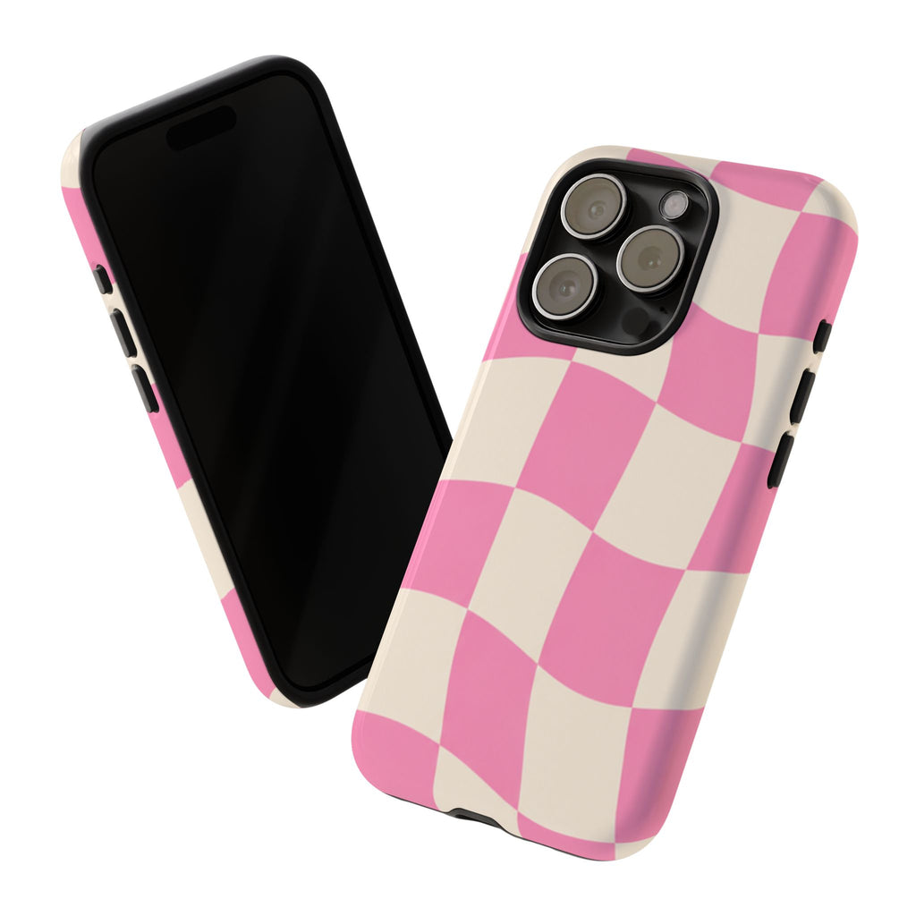 Pink Wavy Checkered Tough Phone Case — Retro Distorted Checkerboard Design