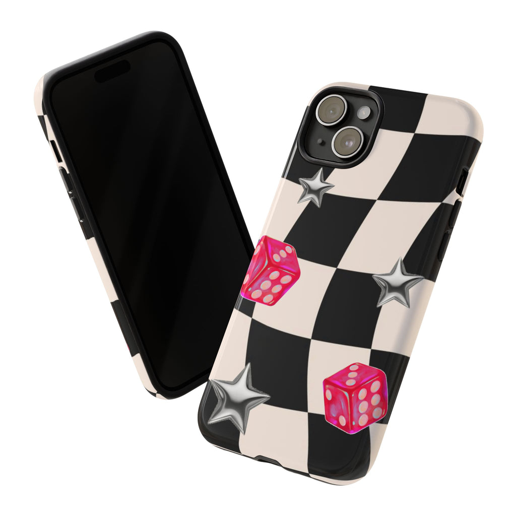 Black & White Checkerboard Dice — Retro Pink Dice & Silver Star iPhone Cover