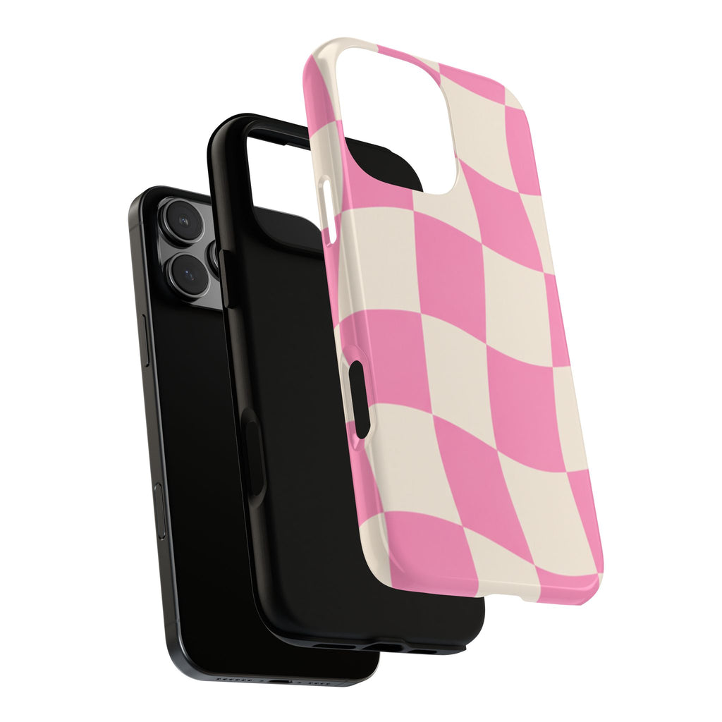 Pink Wavy Checkered Tough Phone Case — Retro Distorted Checkerboard Design