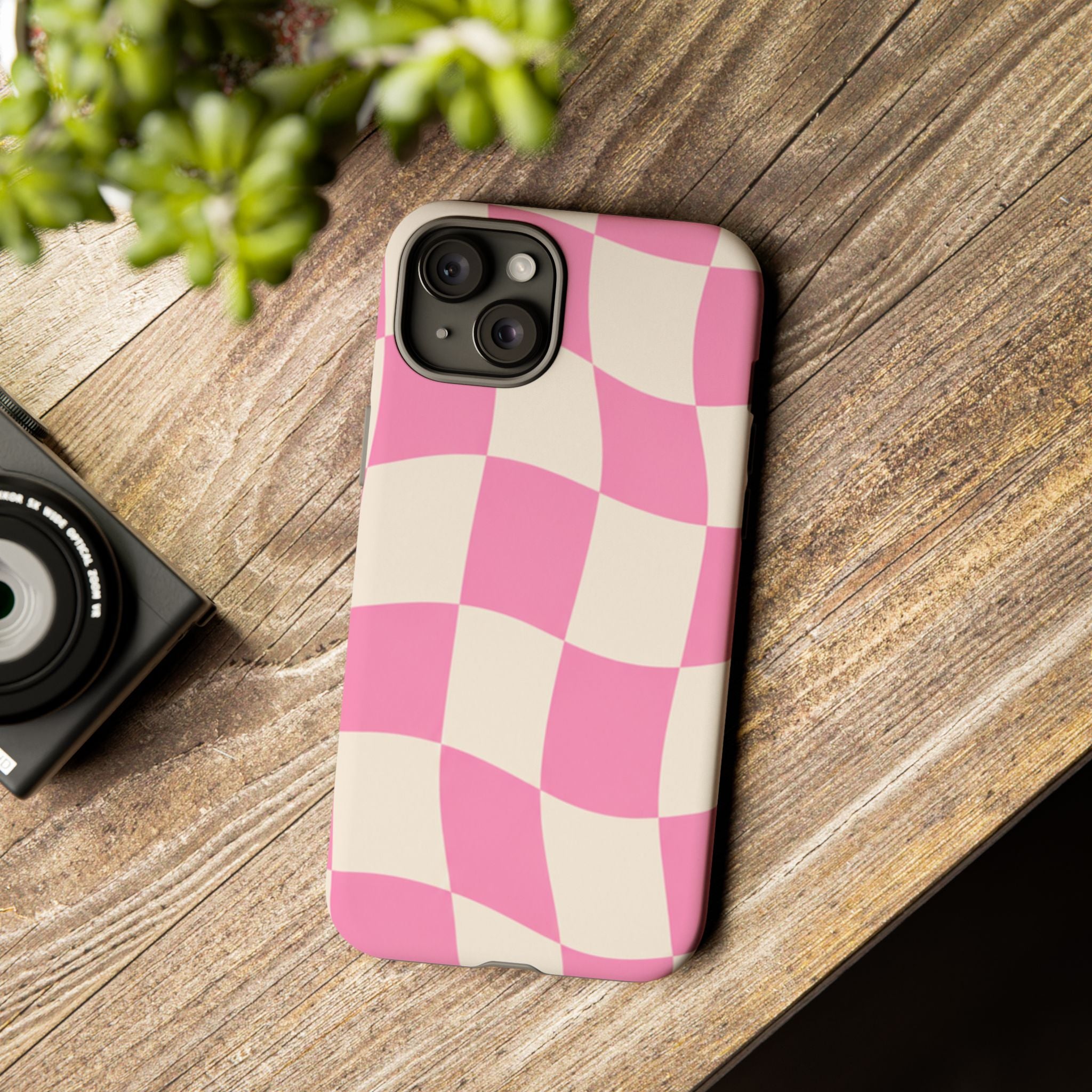 Pink Wavy Checkered Tough Phone Case — Retro Distorted Checkerboard Design