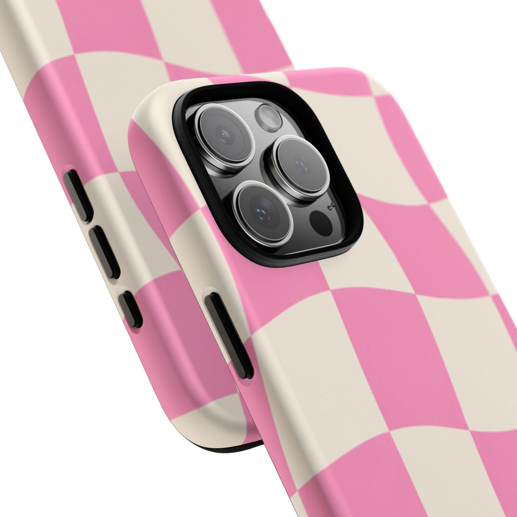 Pink Wavy Checkered Tough Phone Case — Retro Distorted Checkerboard Design
