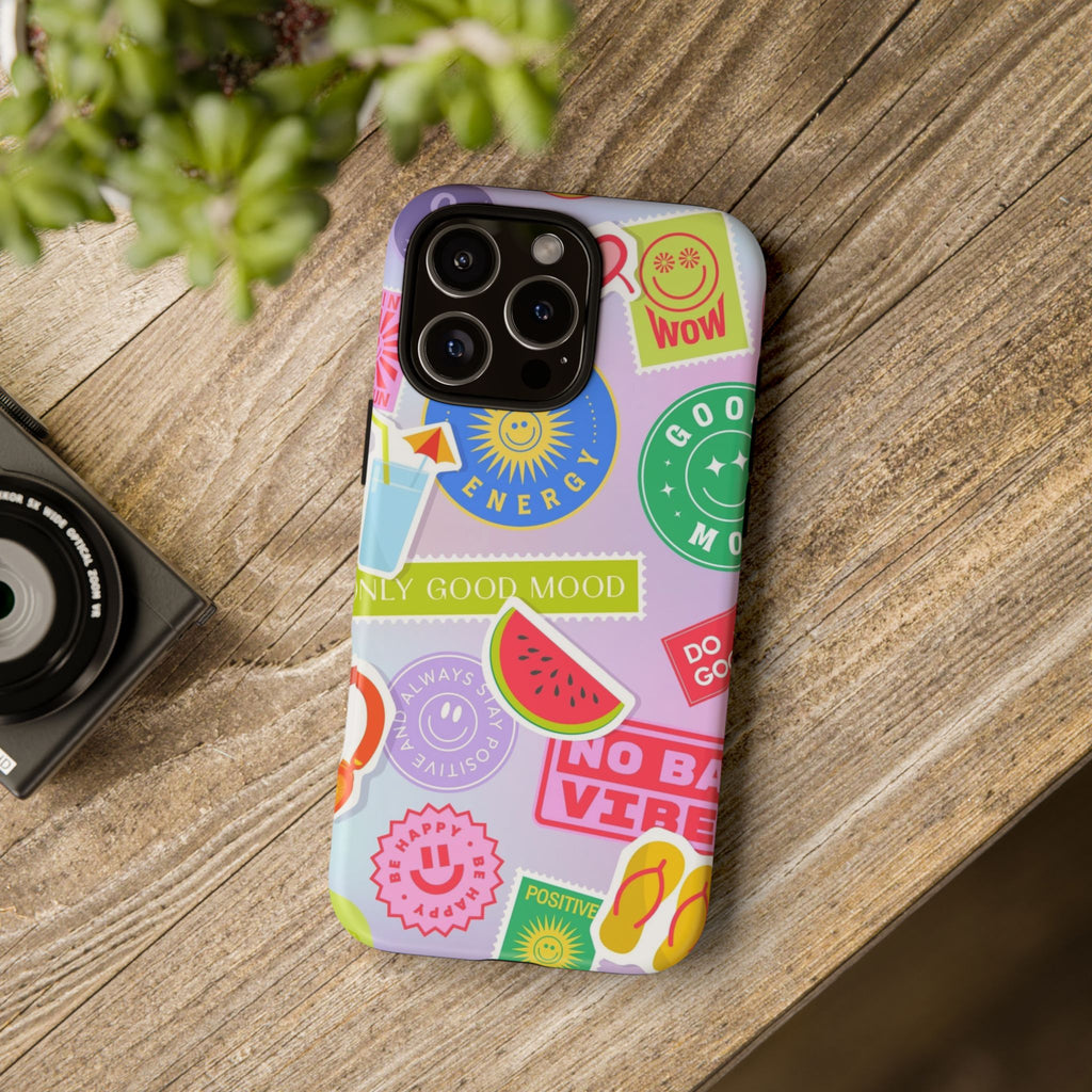 Good Vibes Only — Colorful Sticker Collage "No Bad Vibes" iPhone Case