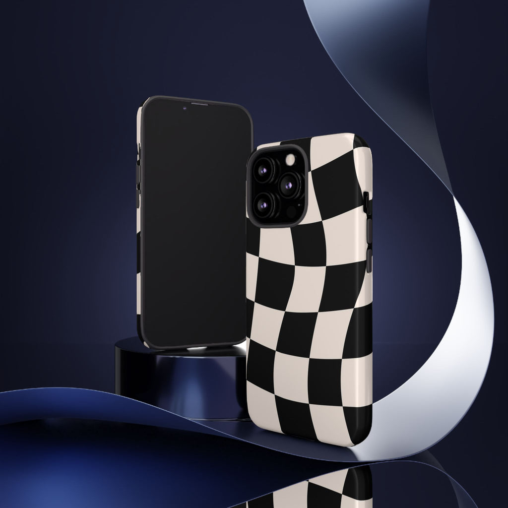 Black & White Wavy Checkered Phone Case — Black & Cream Retro Racing Pattern Tough Case